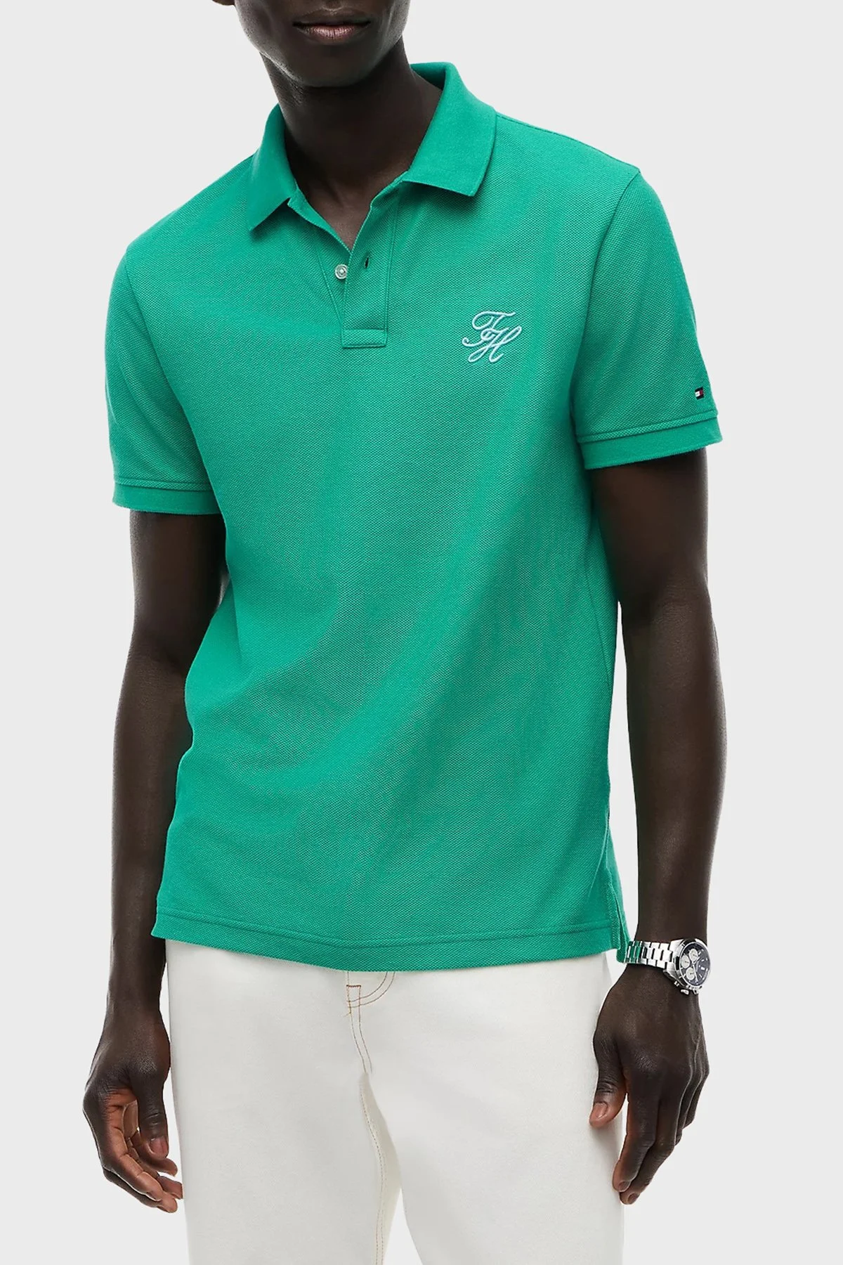 Tommy Hilfiger Logolu % 100 Pamuk Düğmeli Erkek Polo Yaka T Shirt MW0MW43046 L3W Yeşil - 1