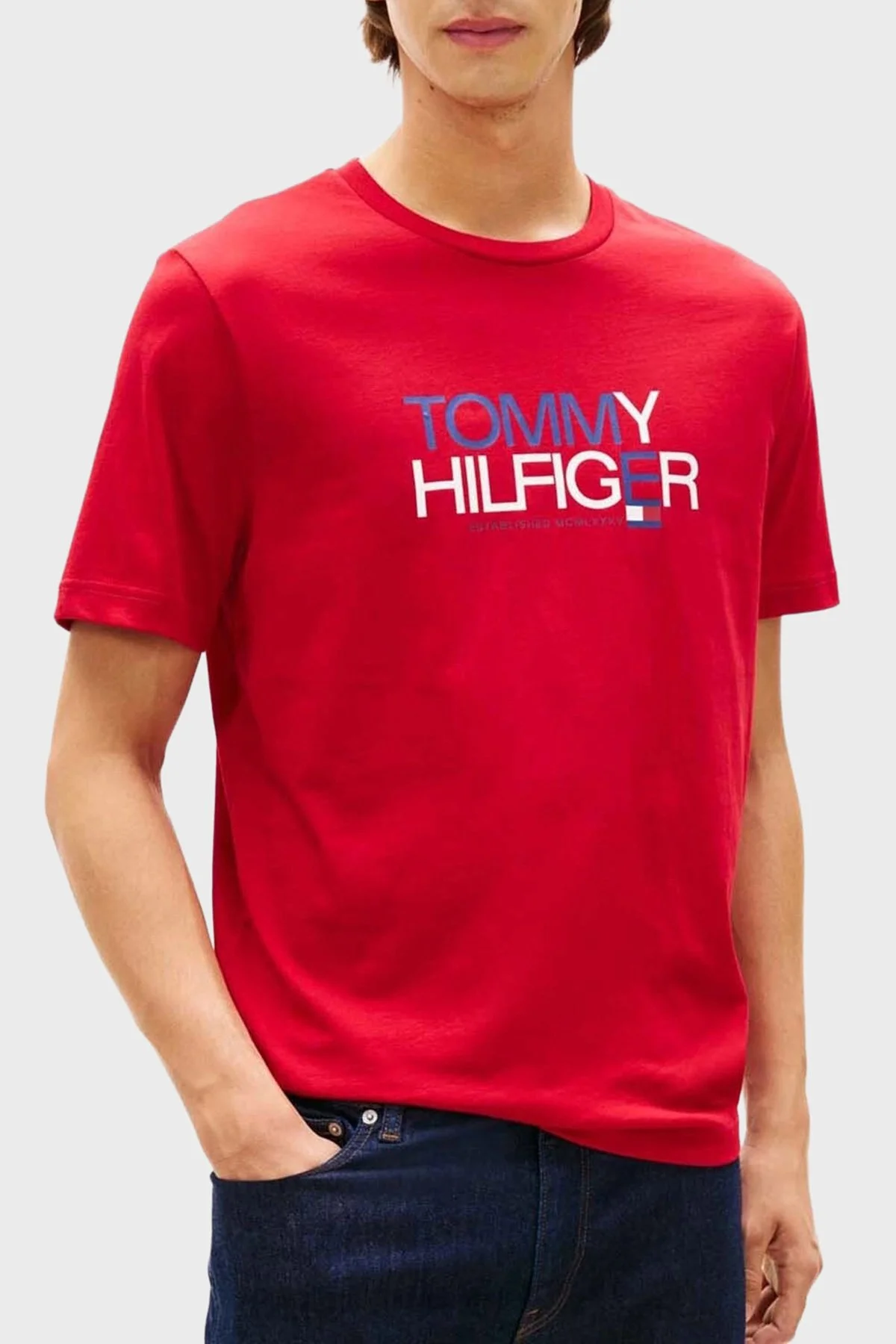Tommy Hilfiger Logolu % 100 Pamuk Regular Fit Bisiklet Yaka Erkek T Shirt MW0MW42369 XLD KIRMIZI - 1