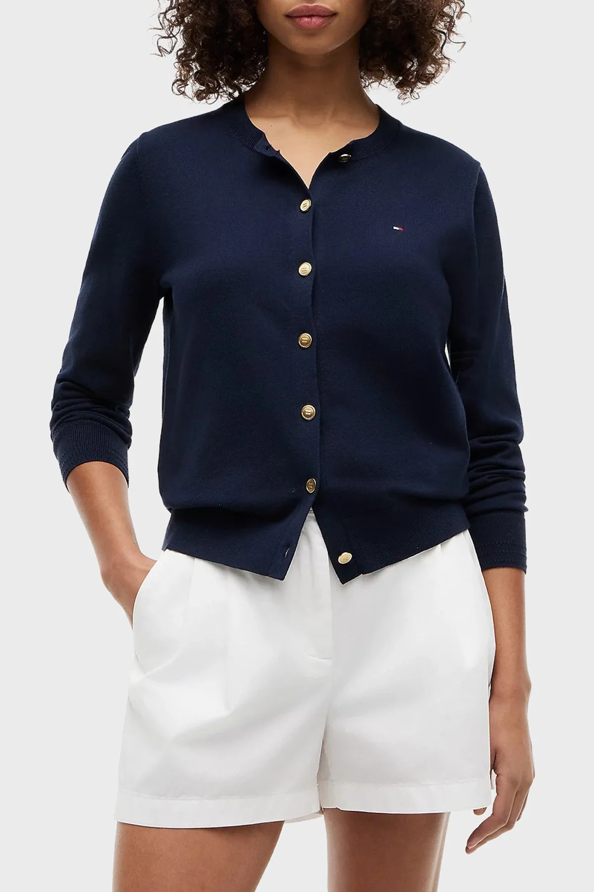 Tommy Hilfiger Logolu %100 Pamuk Regular Fit Düğmeli Kadın Kazak WW0WW42370 C1G Lacivert - 1