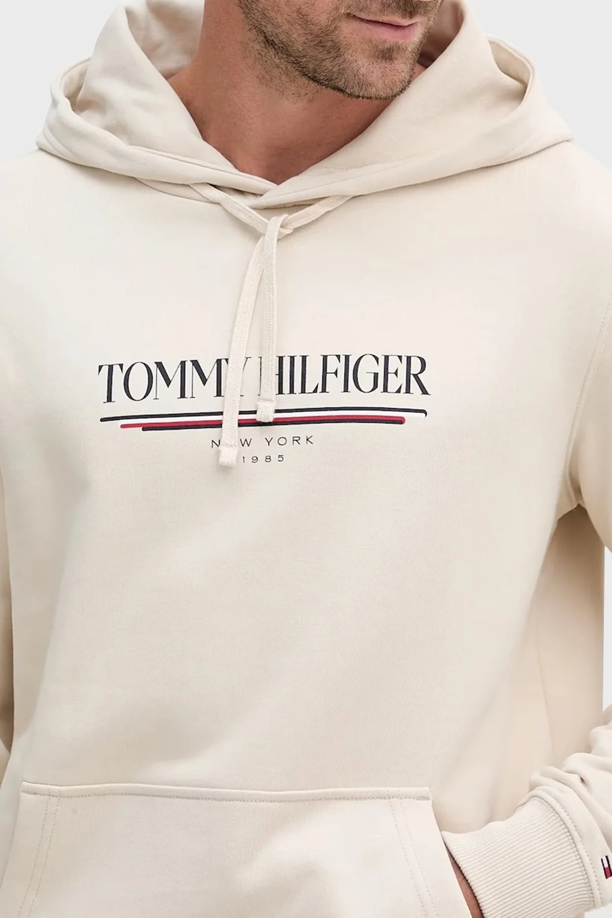 Tommy Hilfiger Logolu % 100 Pamuk Relaxed Fit Kapüşonlu Kanguru Cepli Erkek Sweat MW0MW40534 ACG BEJ - 3