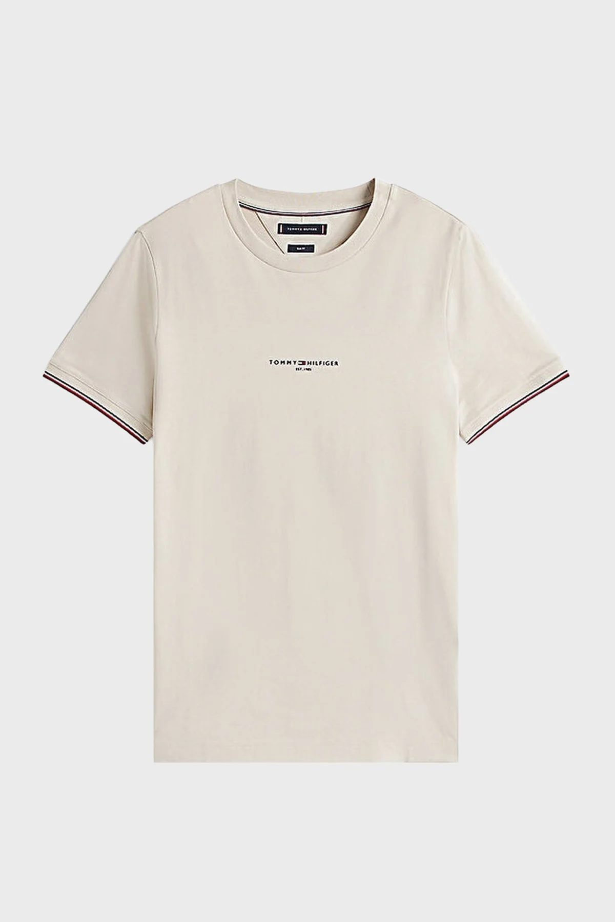 Tommy Hilfiger Logolu % 100 Pamuk Slim Fit Bisiklet Yaka Erkek T Shirt MW0MW32584 ACG BEJ - 10