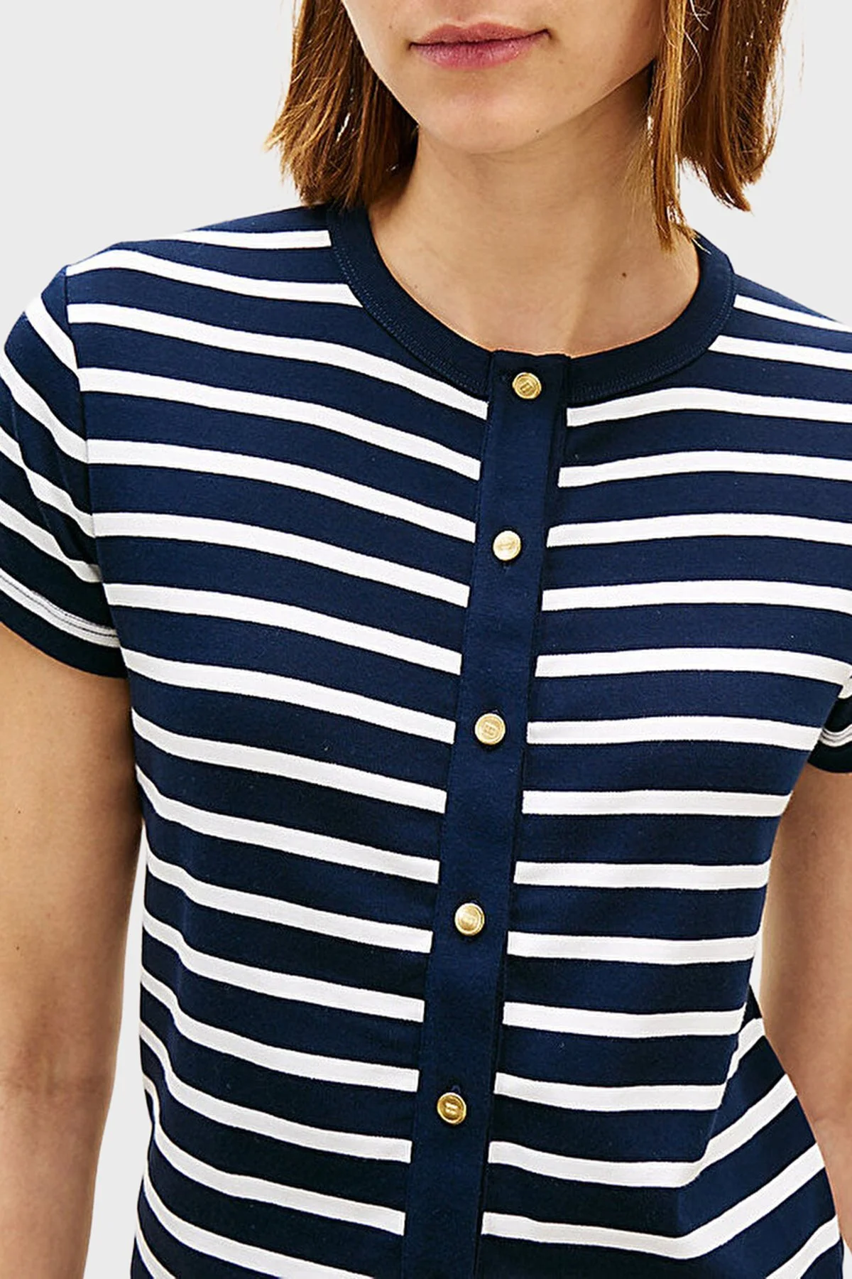 Tommy Hilfiger Logolu % 100 Pamuk Slim Fit Düğme Detaylı Bayan T Shirt WW0WW48709 0X3 LACİVERT-BEYAZ - 4