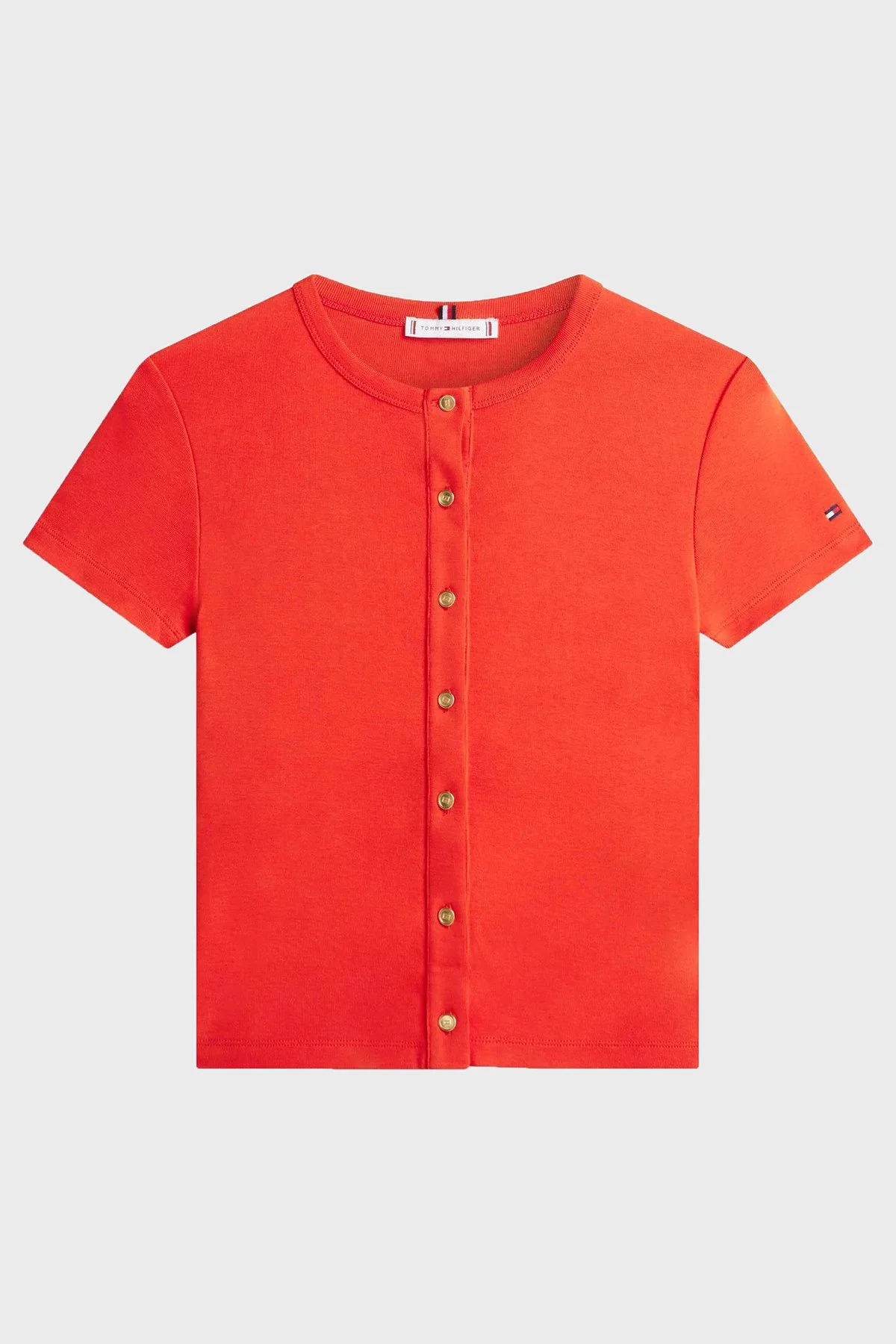 Tommy Hilfiger Logolu % 100 Pamuk Slim Fit Düğme Detaylı Bayan T Shirt WW0WW48709 SNE KIRMIZI - 4