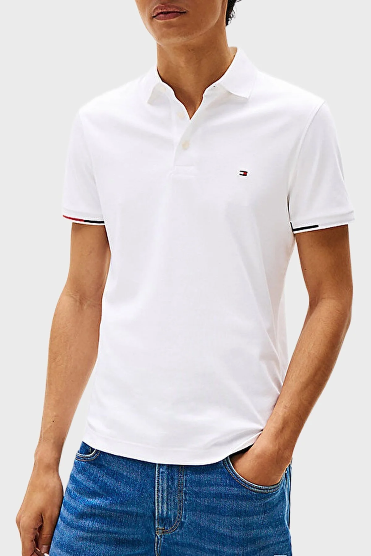 Tommy Hilfiger Logolu % 100 Pamuk Slim Fit Düğmeli Erkek Polo Yaka T Shirt MW0MW39348 YBR BEYAZ - 1