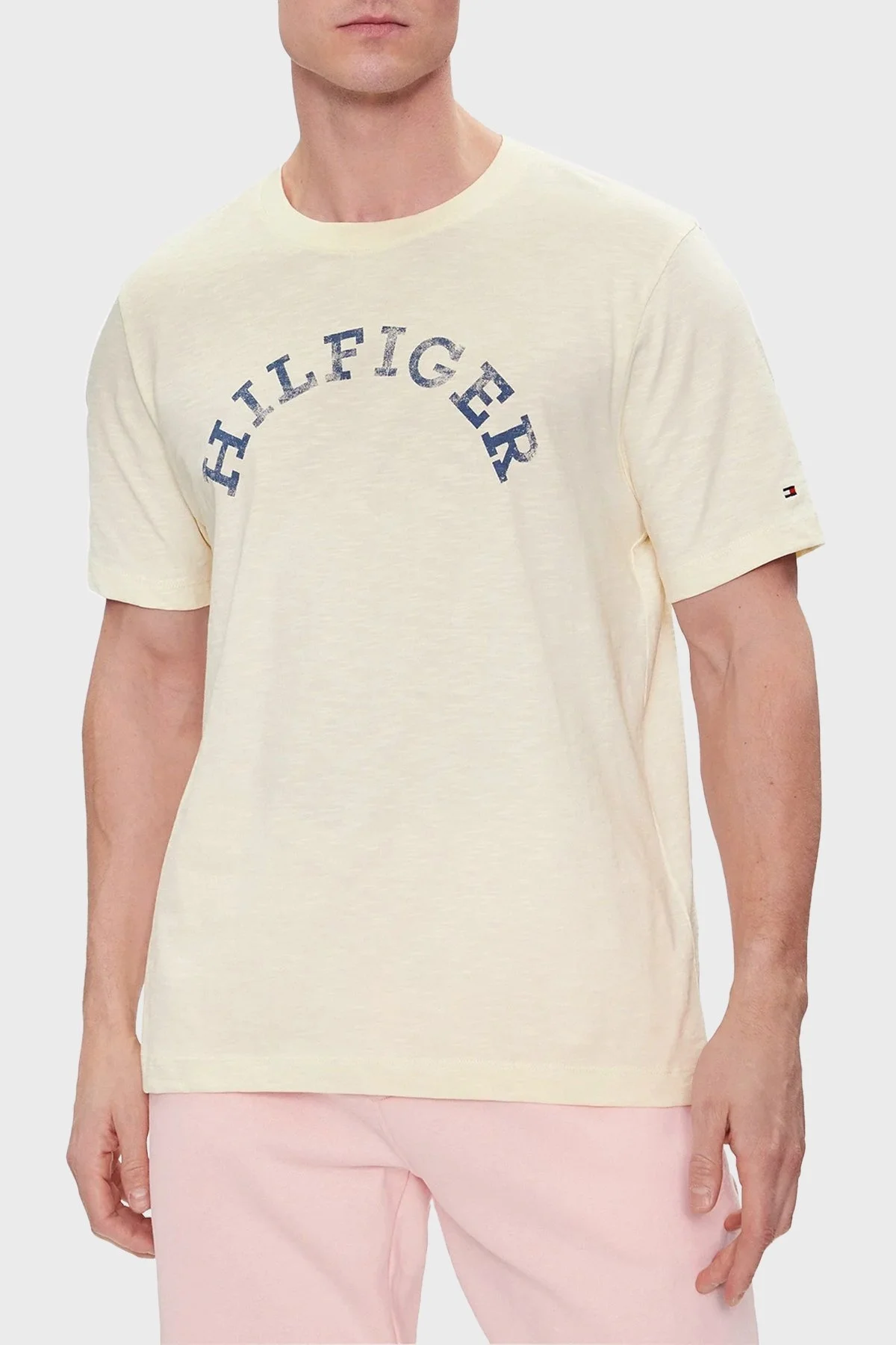 Tommy Hilfiger Logolu Bisiklet Yaka % 100 Pamuk Regular Fit Erkek T Shirt MW0MW34432 AEF BEJ - 6