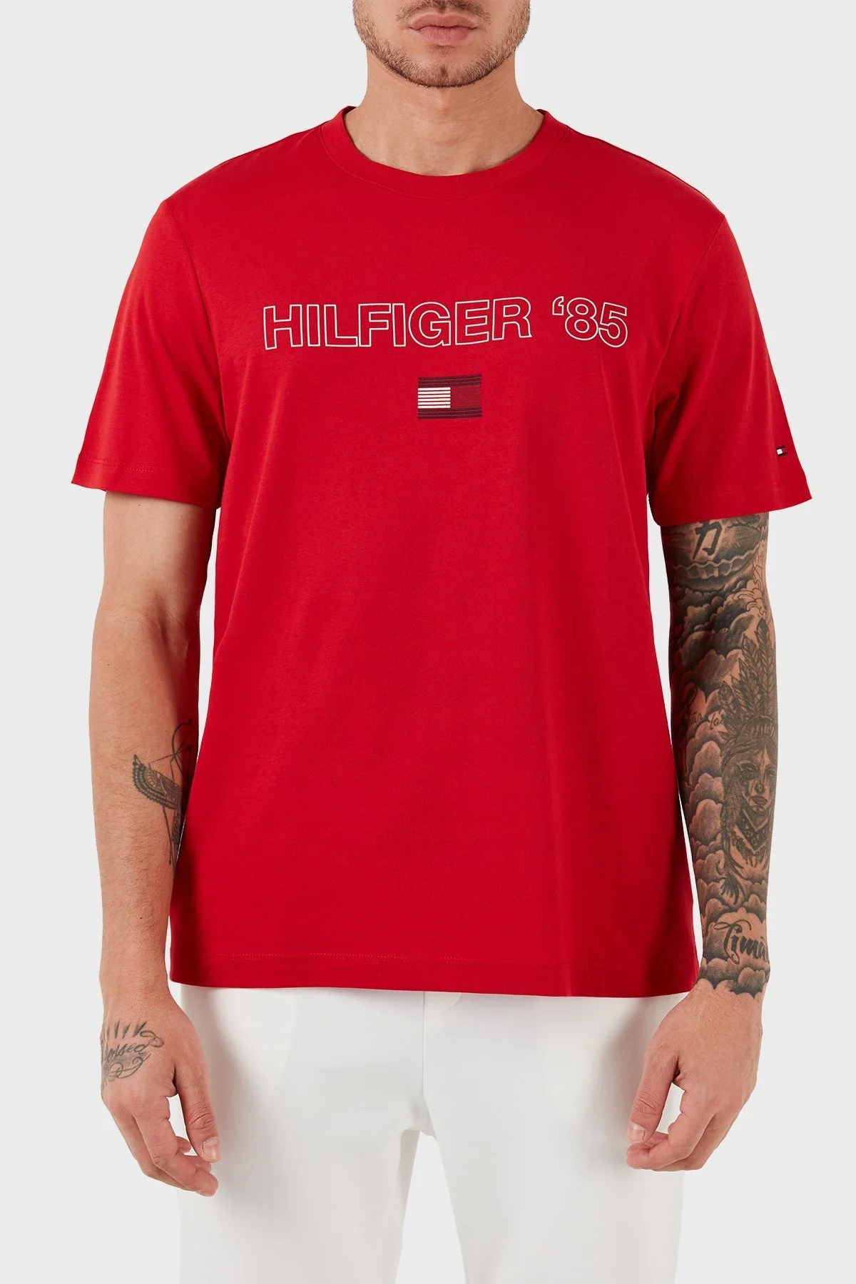 Tommy Hilfiger Logolu Bisiklet Yaka Pamuklu Regular Fit Erkek T Shirt MW0MW34427 XLG KIRMIZI - 1