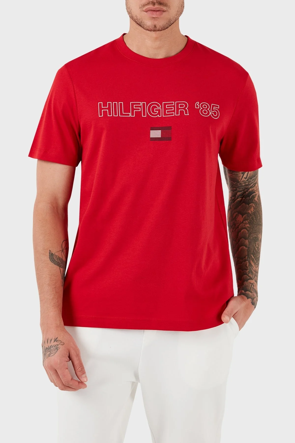 Tommy Hilfiger Logolu Bisiklet Yaka Pamuklu Regular Fit Erkek T Shirt MW0MW34427 XLG KIRMIZI - 5