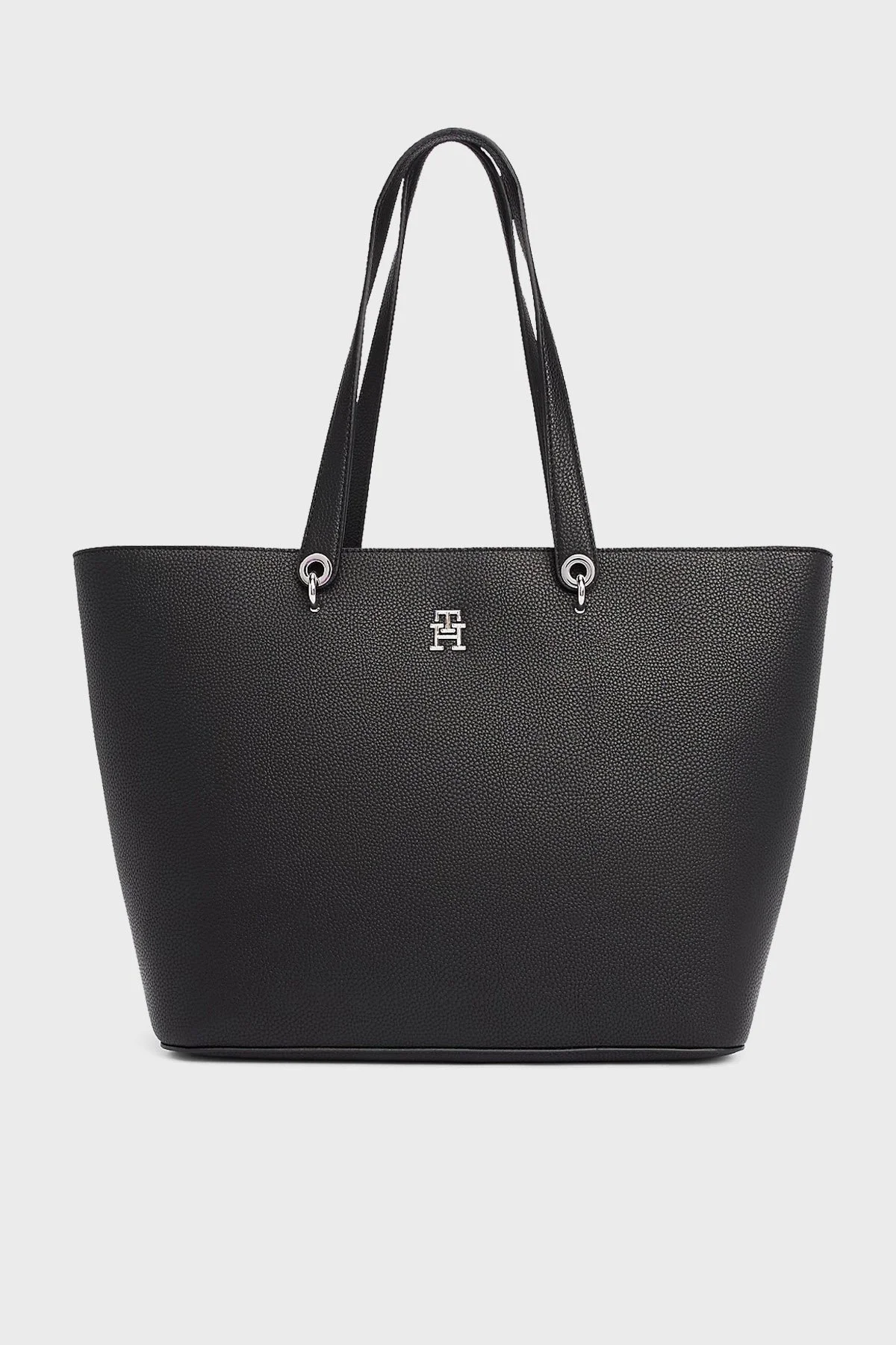 Tommy Hilfiger Logolu Çift Tutma Saplı Büyük Bayan Çanta AW0AW15178 BDS SİYAH - 1