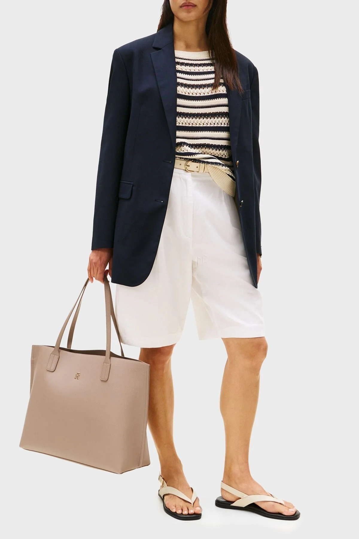 Tommy Hilfiger Logolu Çift Tutma Saplı Büyük Bayan Çanta AW0AW17461 AFE BEJ - 2