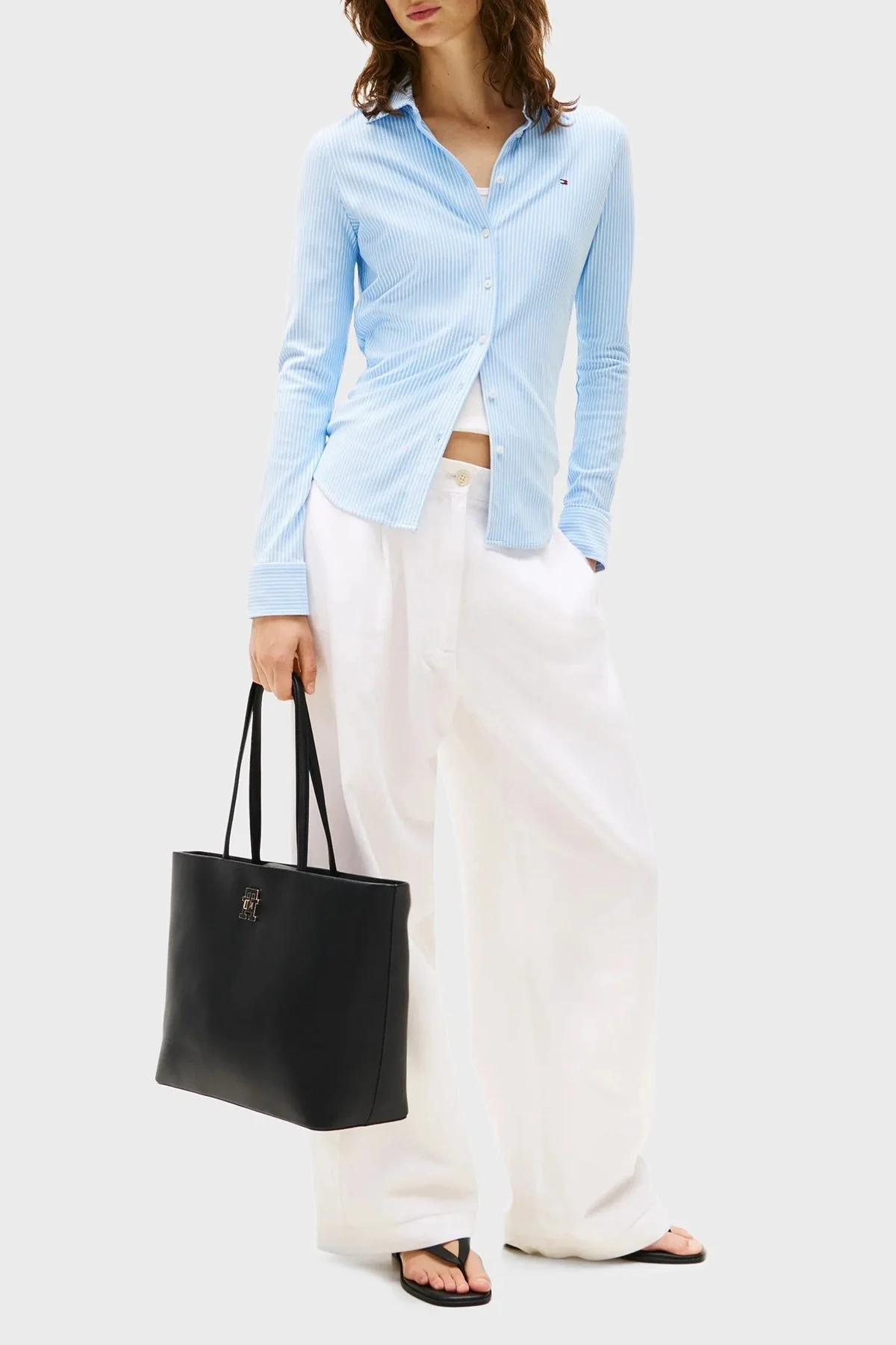 Tommy Hilfiger Logolu Çift Tutma Saplı Tote Bayan Çanta AW0AW17528 BDS SİYAH - 2