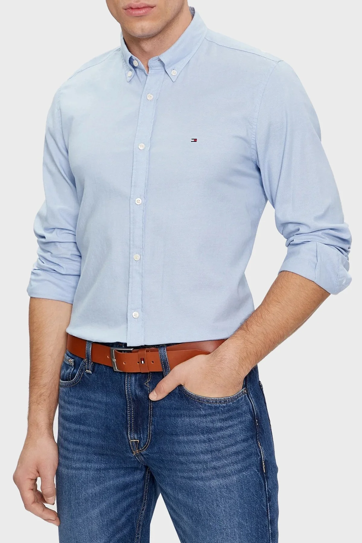 Tommy Hilfiger Logolu Düğmeli Yaka % 100 Pamuk Slim Fit Erkek Gömlek MW0MW33782 CYW AÇIK MAVİ - 1