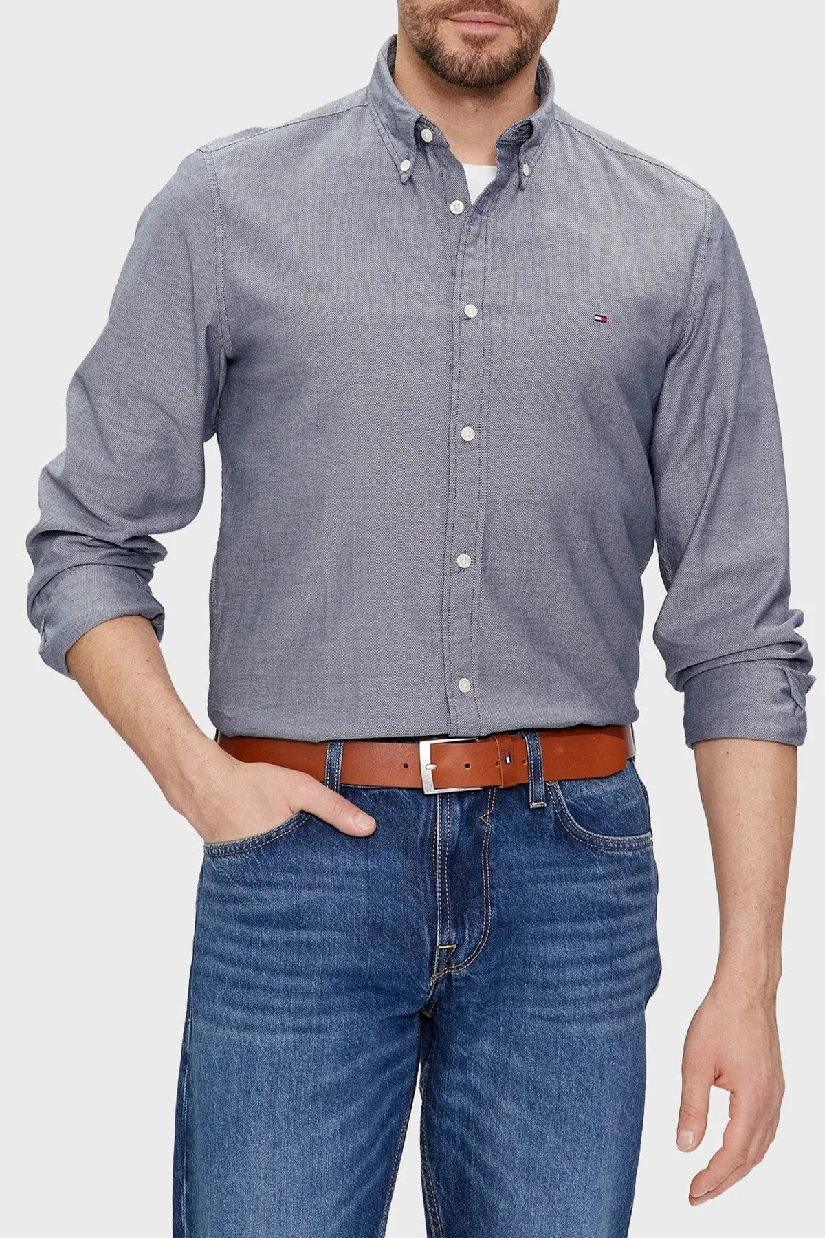 Tommy Hilfiger Logolu Düğmeli Yaka % 100 Pamuk Slim Fit Erkek Gömlek MW0MW33782 DCC LACİVERT - 1