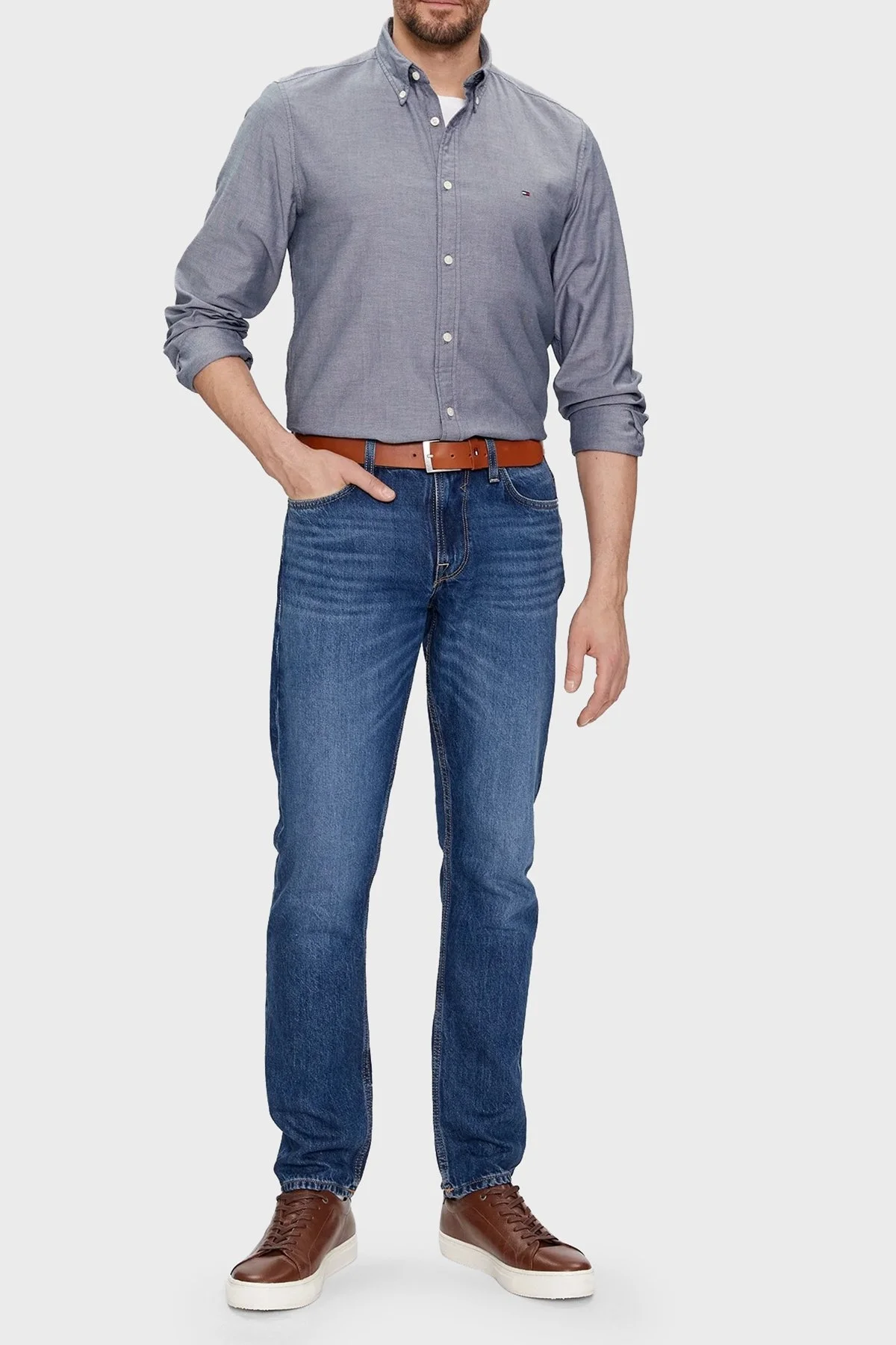 Tommy Hilfiger Logolu Düğmeli Yaka % 100 Pamuk Slim Fit Erkek Gömlek MW0MW33782 DCC LACİVERT - 2