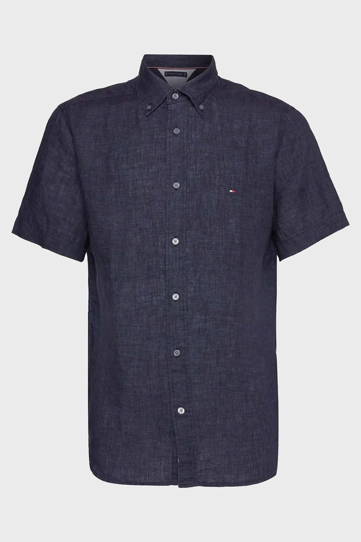 Tommy Hilfiger Logolu Düğmeli Yaka Kısa Kollu Regular Fit % 100 Keten Erkek Gömlek MW0MW30916 DW5 LACİVERT - 3