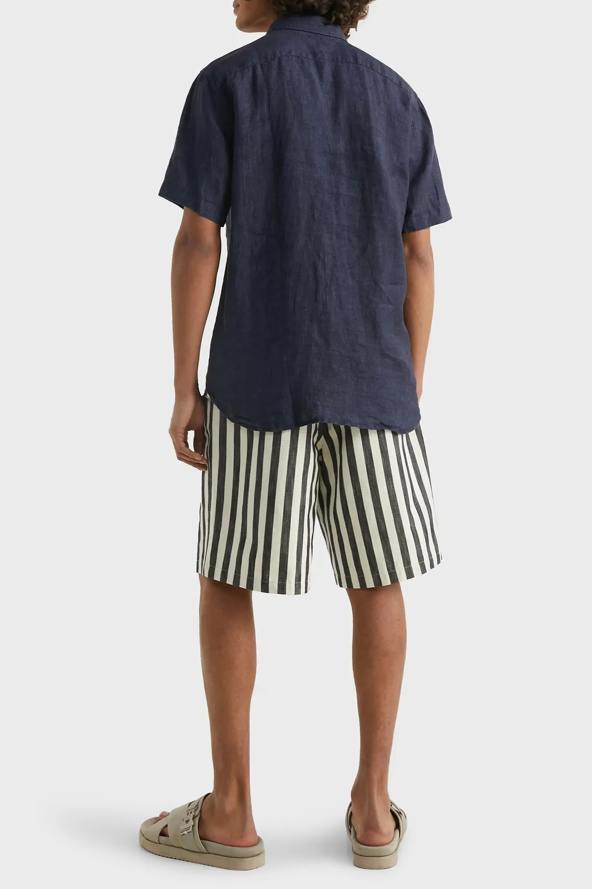 Tommy Hilfiger Logolu Düğmeli Yaka Kısa Kollu Regular Fit % 100 Keten Erkek Gömlek MW0MW30916 DW5 LACİVERT - 5