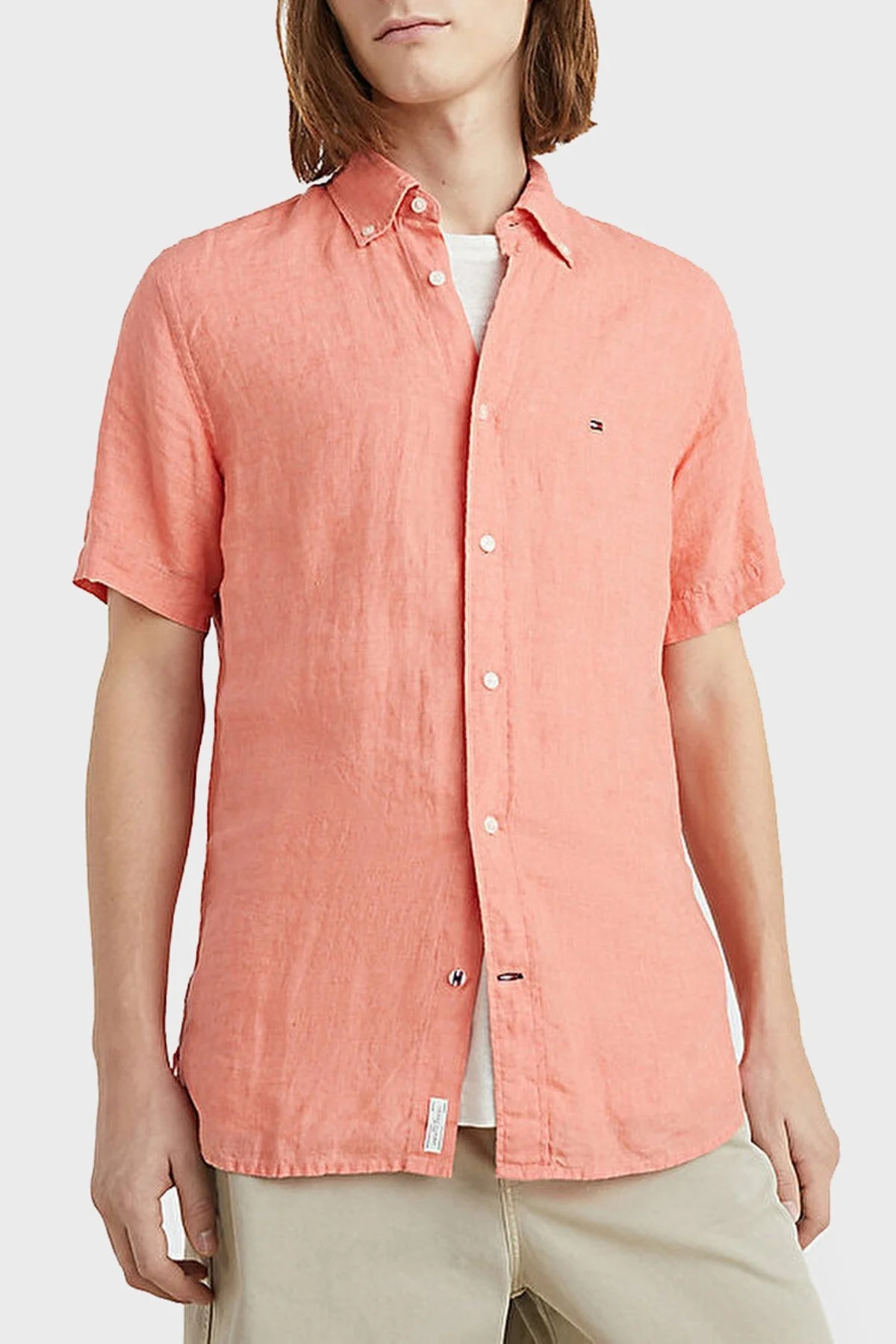 Tommy Hilfiger Logolu Düğmeli Yaka Kısa Kollu Regular Fit % 100 Keten Erkek Gömlek MW0MW30916 TKL ŞEFTALİ - 1