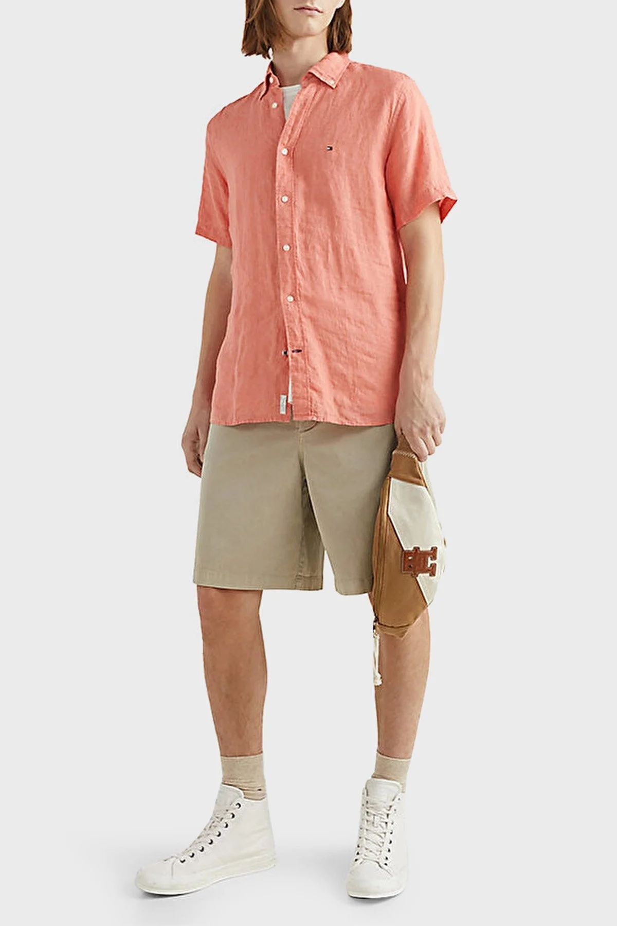 Tommy Hilfiger Logolu Düğmeli Yaka Kısa Kollu Regular Fit % 100 Keten Erkek Gömlek MW0MW30916 TKL ŞEFTALİ - 2
