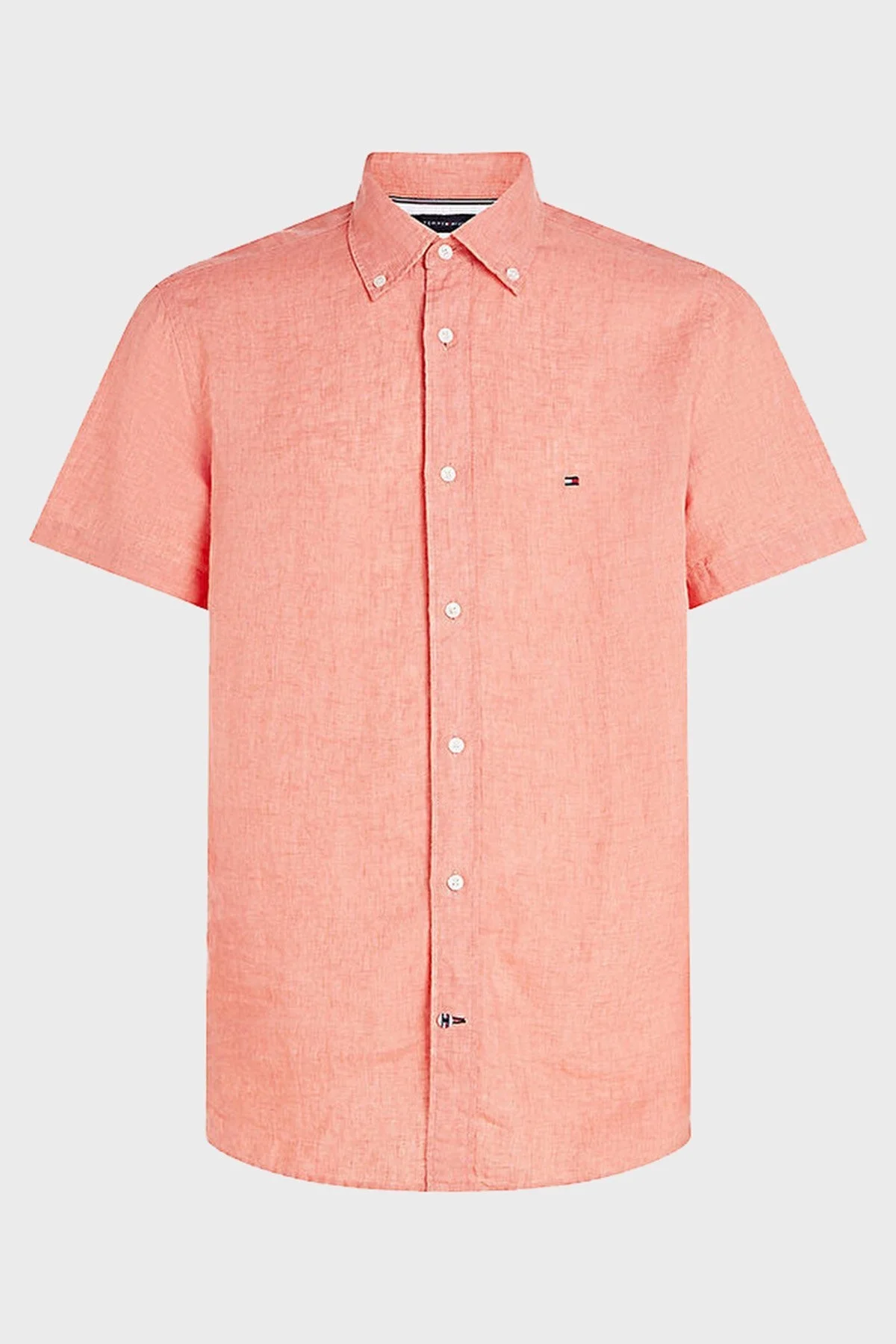 Tommy Hilfiger Logolu Düğmeli Yaka Kısa Kollu Regular Fit % 100 Keten Erkek Gömlek MW0MW30916 TKL ŞEFTALİ - 5