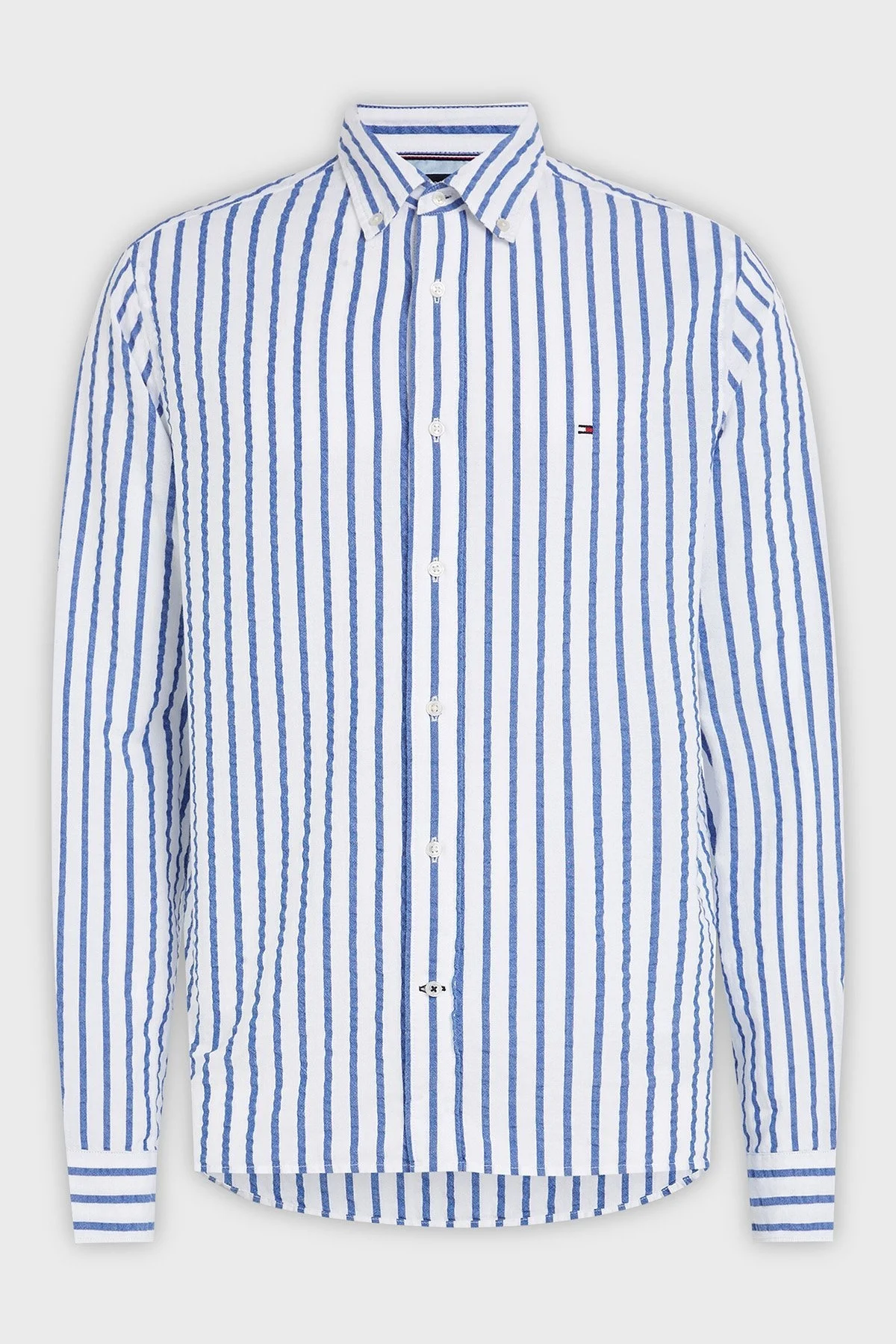Tommy Hilfiger Logolu Düğmeli Yaka Pamuklu Erkek Gömlek MW0MW31772 0A4 BEYAZ-MAVİ - 4
