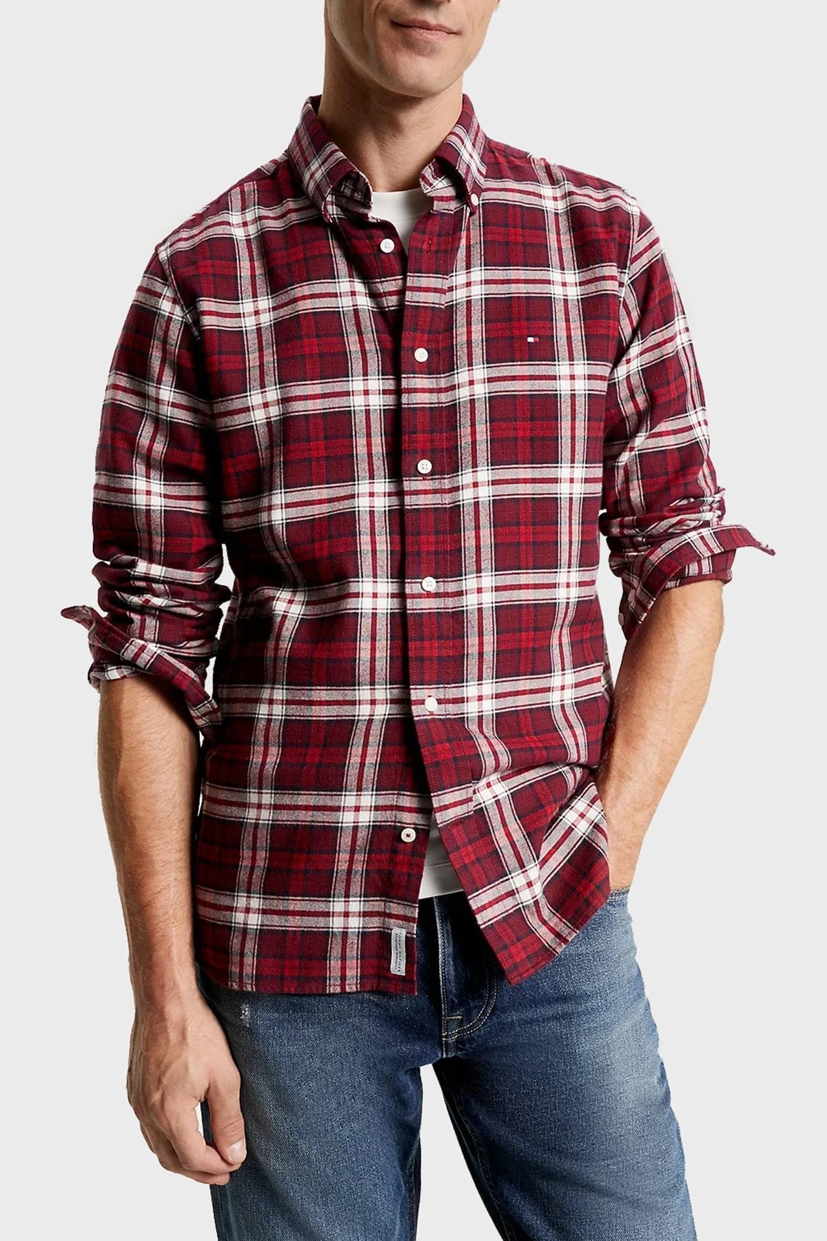 Tommy Hilfiger Logolu Ekoseli % 100 Pamuk Düğmeli Yaka Regular Fit Erkek Gömlek MW0MW32890 0QJ KIRMIZI - 1