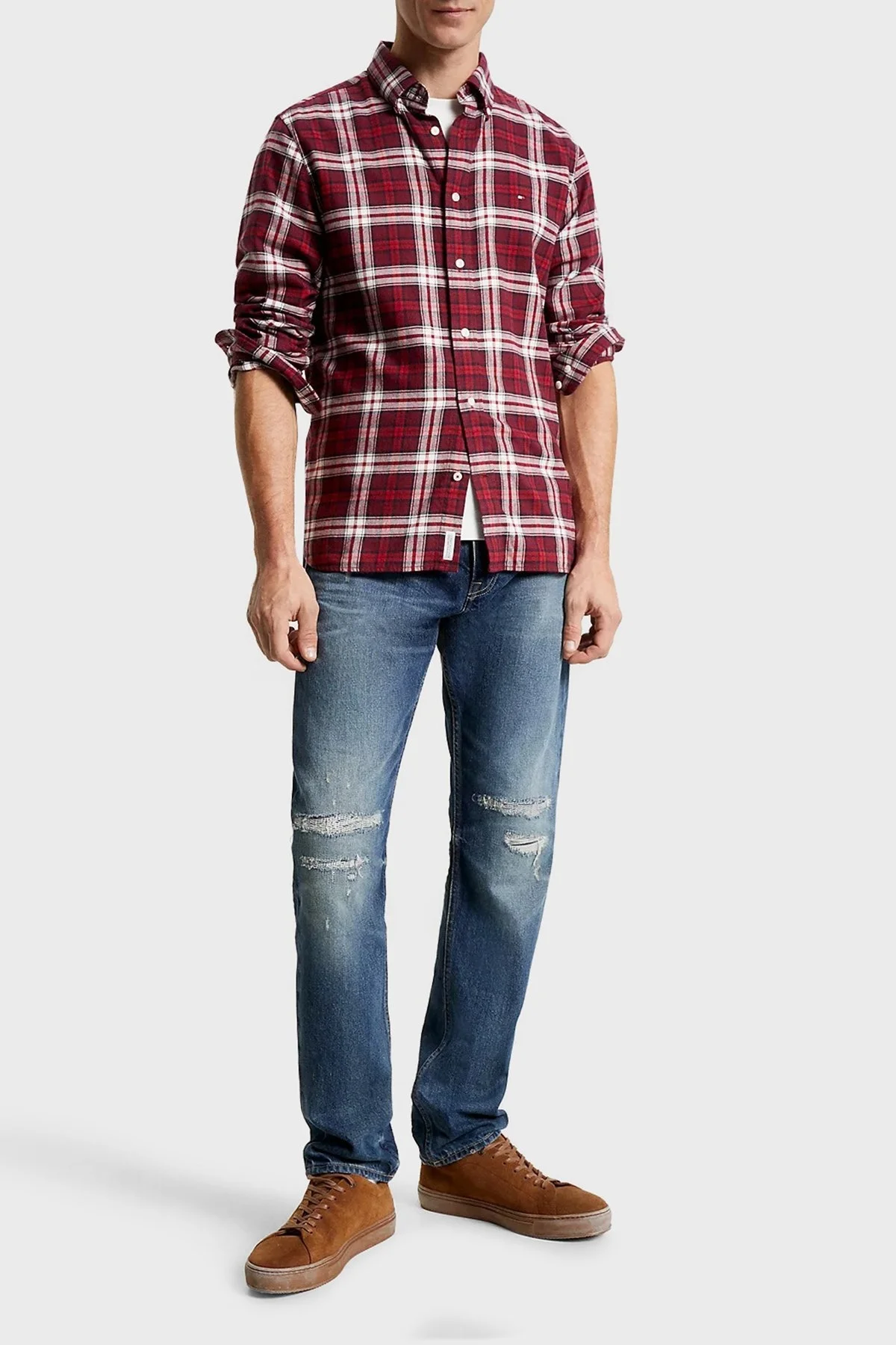 Tommy Hilfiger Logolu Ekoseli % 100 Pamuk Düğmeli Yaka Regular Fit Erkek Gömlek MW0MW32890 0QJ KIRMIZI - 2