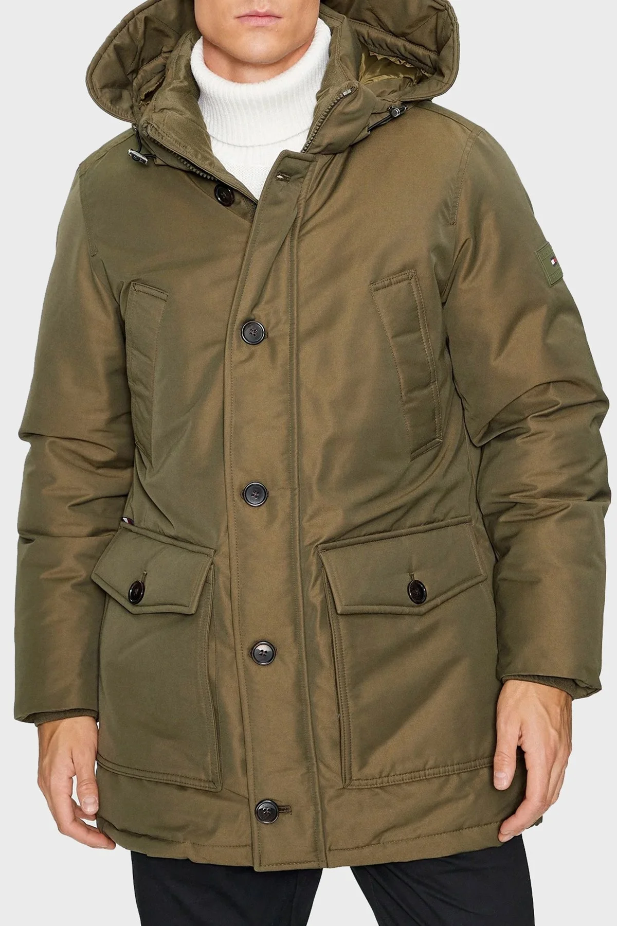 Tommy Hilfiger Logolu Ördek Tüyü Dolgulu Kapüşonlu Regular Fit Erkek Mont MW0MW32779 RBN HAKİ - 1