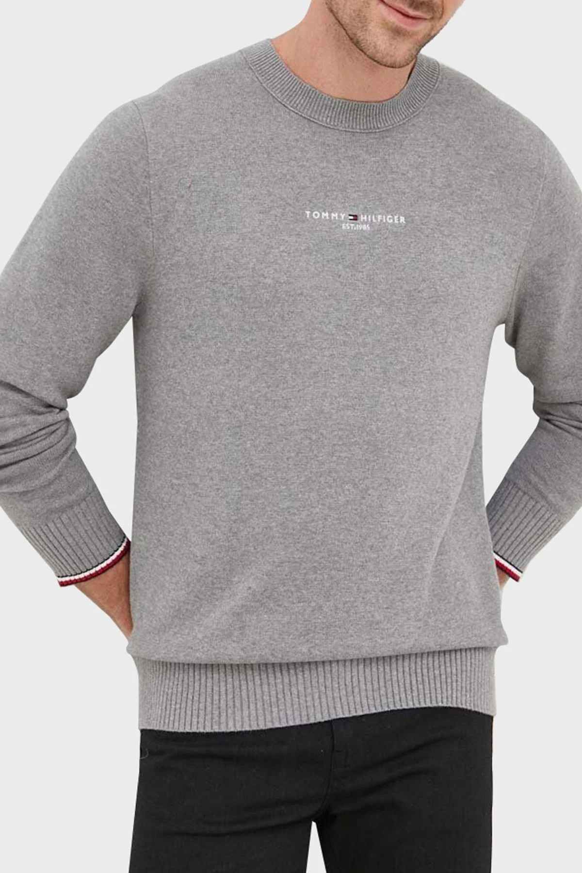 Tommy Hilfiger Logolu Organik Pamuklu Bisiklet Yaka Regular Fit Erkek Kazak MW0MW33108 P9V GRİ - 1