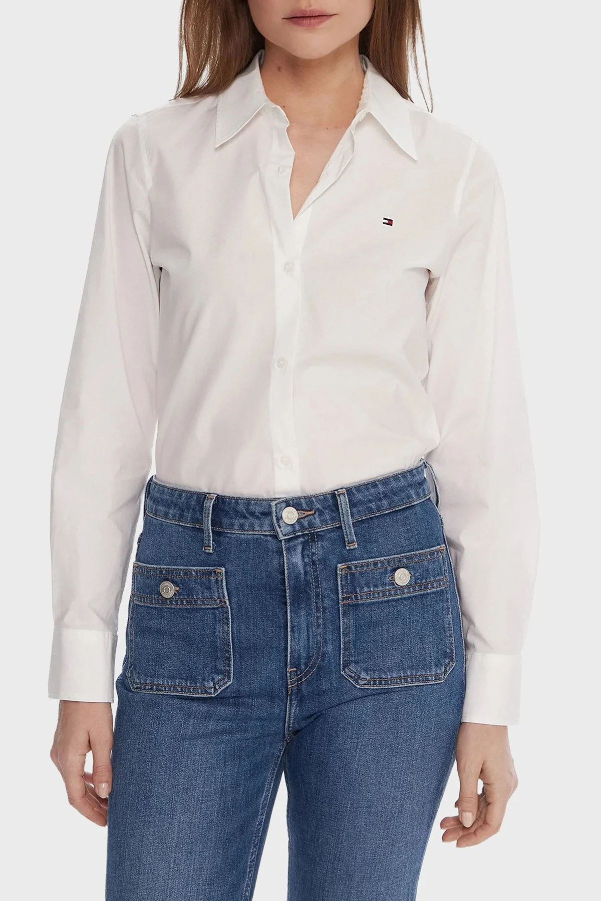 Tommy Hilfiger Logolu Pamuk Karışımlı Regular Fit Uzun Kollu Bayan Gömlek WW0WW47169 YCF BEYAZ - 1