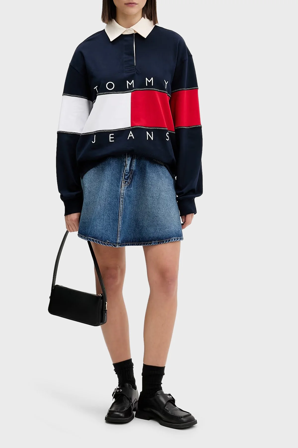 Tommy Hilfiger Logolu Pamuklu Oversize Polo Yaka Kadın Sweat DW0DW22827 C1G Lacivert - 2