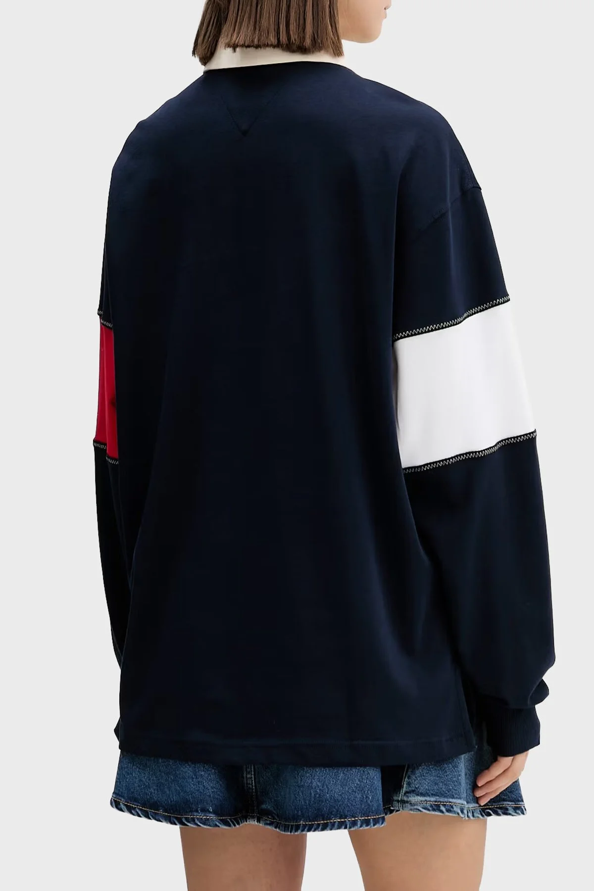 Tommy Hilfiger Logolu Pamuklu Oversize Polo Yaka Kadın Sweat DW0DW22827 C1G Lacivert - 3