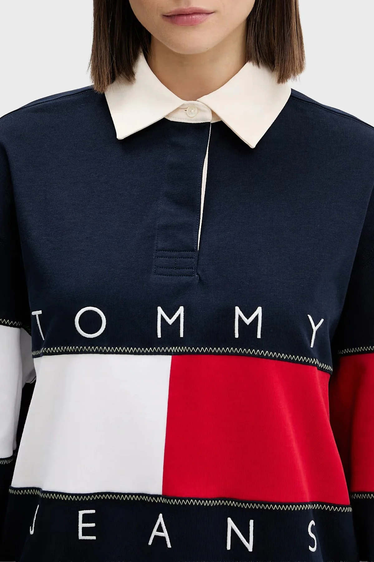 Tommy Hilfiger Logolu Pamuklu Oversize Polo Yaka Kadın Sweat DW0DW22827 C1G Lacivert - 4