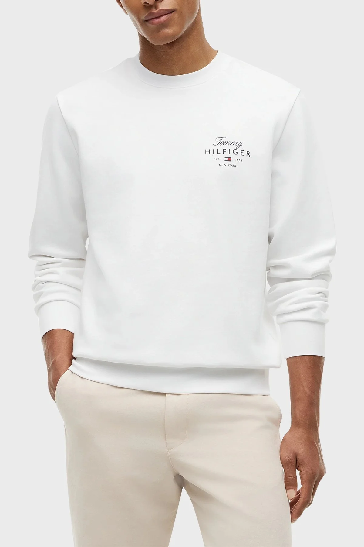 Tommy Hilfiger Logolu Pamuklu Regular Fit Bisiklet Yaka Erkek Sweat MW0MW43218 YBR Beyaz - 1