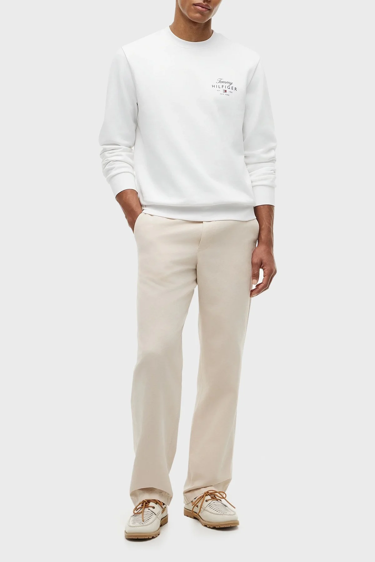 Tommy Hilfiger Logolu Pamuklu Regular Fit Bisiklet Yaka Erkek Sweat MW0MW43218 YBR Beyaz - 2