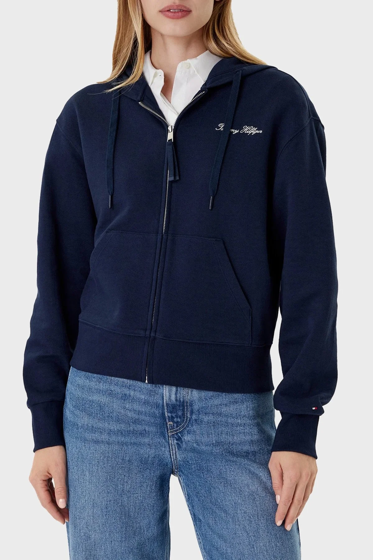 Tommy Hilfiger Logolu Pamuklu Regular Fit Kapüşonlu Crop Bayan Sweat WW0WW45742 C1G LACİVERT - 1