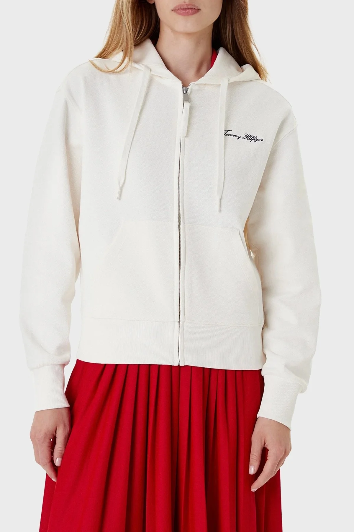 Tommy Hilfiger Logolu Pamuklu Regular Fit Kapüşonlu Crop Bayan Sweat WW0WW45742 YA8 BEYAZ - 1