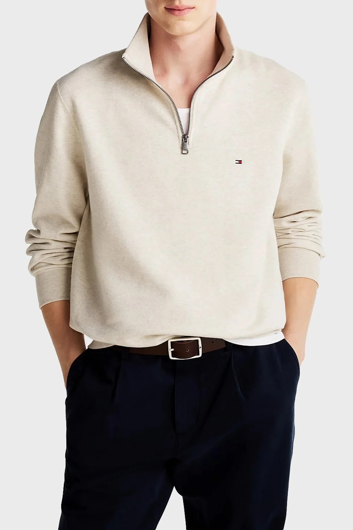 Tommy Hilfiger Logolu Pamuklu Regular Fit Yarım Fermuarlı Dik Yaka Polar Erkek Sweat MW0MW37233 HGF BEJ - 1