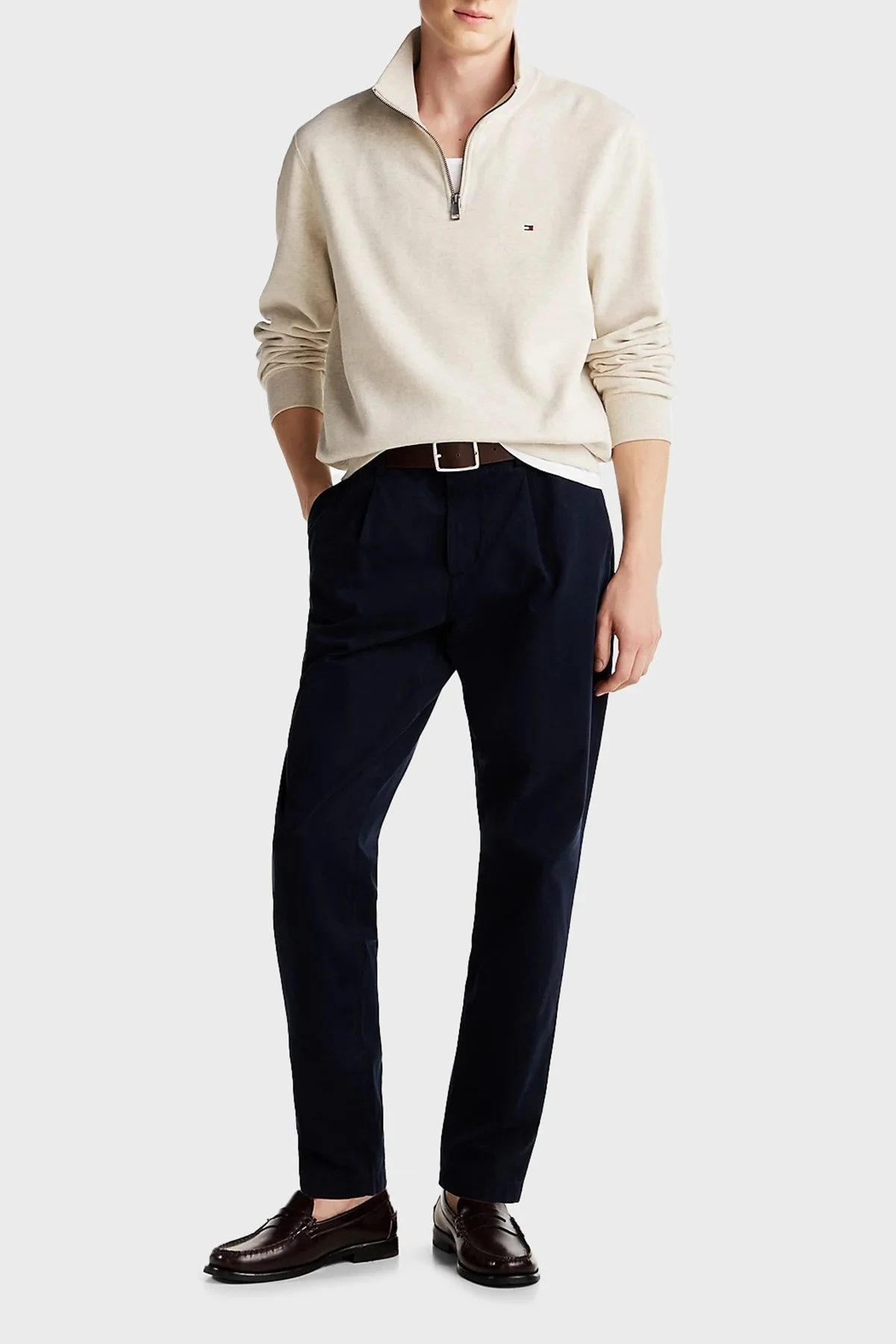 Tommy Hilfiger Logolu Pamuklu Regular Fit Yarım Fermuarlı Dik Yaka Polar Erkek Sweat MW0MW37233 HGF BEJ - 2