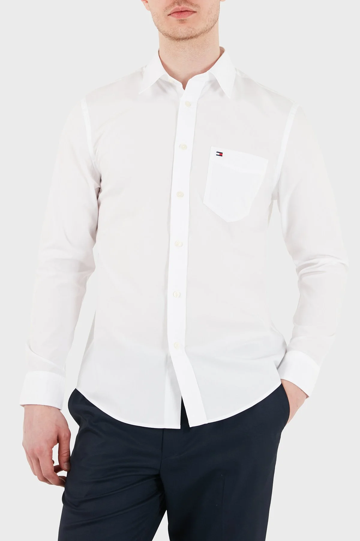 Tommy Hilfiger Logolu Pamuklu Slim Fit Klasik Yaka Uzun Kollu Erkek Gömlek MW0MW41697 YBR BEYAZ - 1
