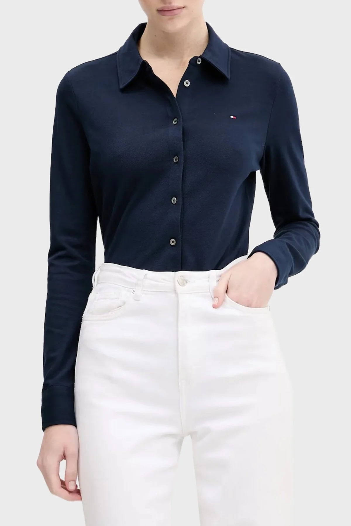 Tommy Hilfiger Logolu Pamuklu Slim Fit Uzun Kollu Bayan Gömlek WW0WW43528 C1G LACİVERT - 1