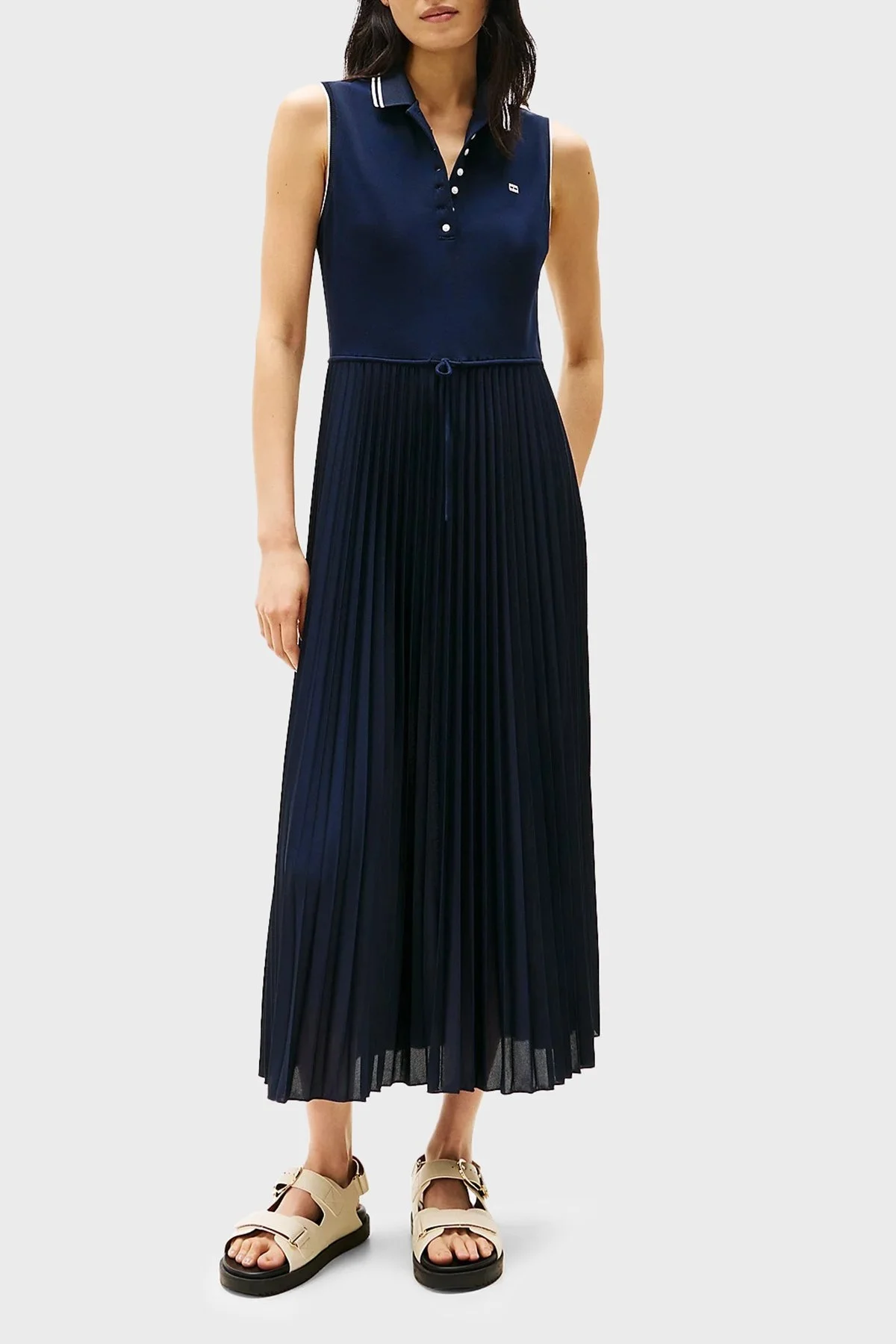 Tommy Hilfiger Logolu Pile Detaylı Regular Fit Maxi Boy Polo Yaka Bayan Elbise WW0WW45167 C1G LACİVERT - 6