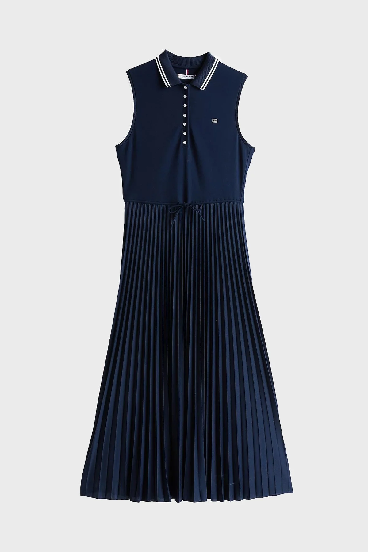 Tommy Hilfiger Logolu Pile Detaylı Regular Fit Maxi Boy Polo Yaka Bayan Elbise WW0WW45167 C1G LACİVERT - 10