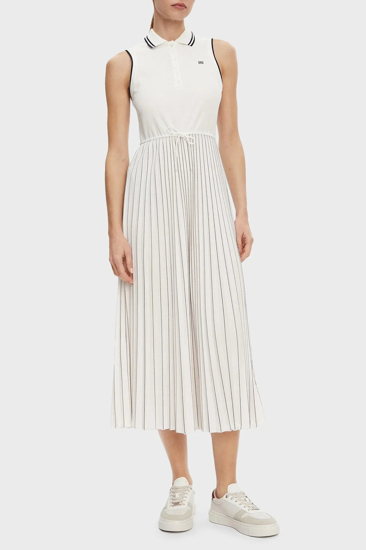 Tommy Hilfiger Logolu Pile Detaylı Regular Fit Maxi Boy Polo Yaka Bayan Elbise WW0WW45167 YBL BEYAZ - 5