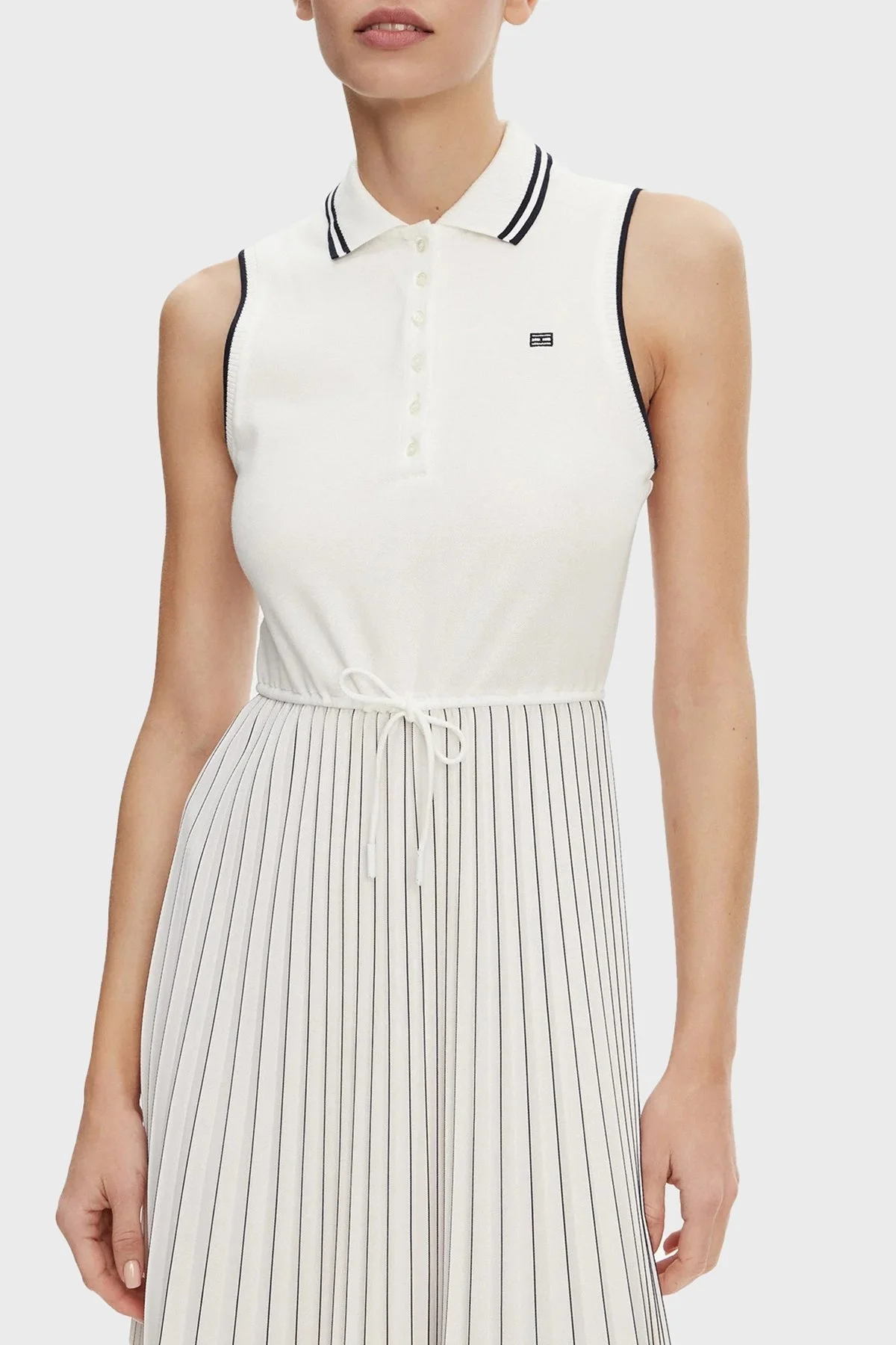 Tommy Hilfiger Logolu Pile Detaylı Regular Fit Maxi Boy Polo Yaka Bayan Elbise WW0WW45167 YBL BEYAZ - 6