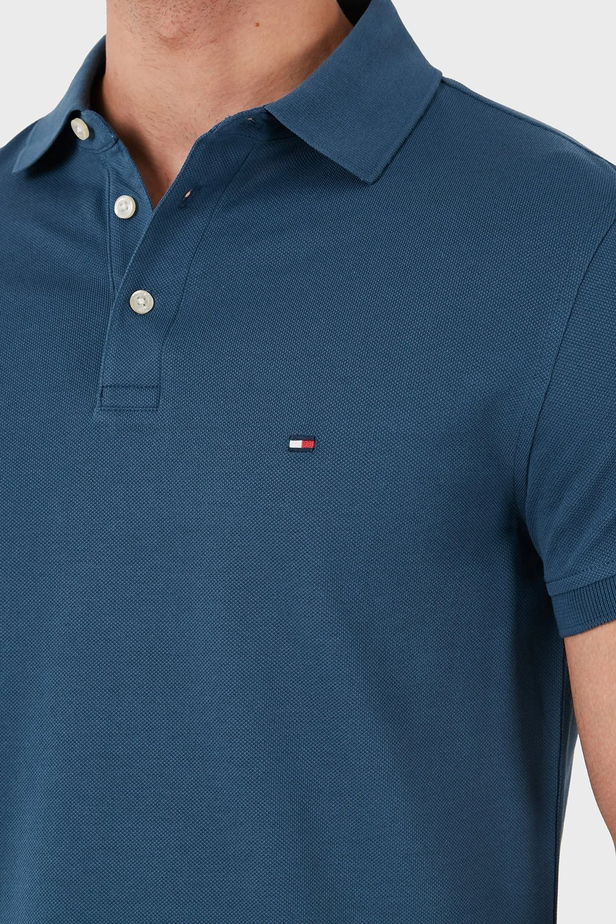 Tommy Hilfiger Organik Pamuklu Slim Fit Erkek Polo Yaka T Shirt MW0MW17771 DBZ MAVİ - 4