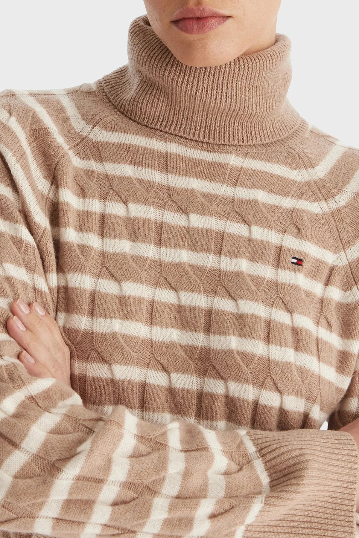 Tommy Hilfiger Örgülü Yünlü Relaxed Fit Balıkçı Yaka Bayan Kazak WW0WW46791 0AJ BEJ - 4