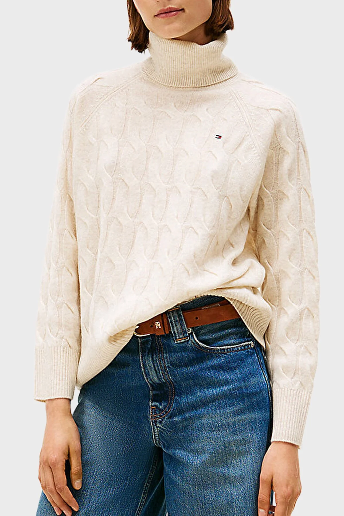 Tommy Hilfiger Örgülü Yünlü Relaxed Fit Balıkçı Yaka Bayan Kazak WW0WW46791 ADK BEJ - 1