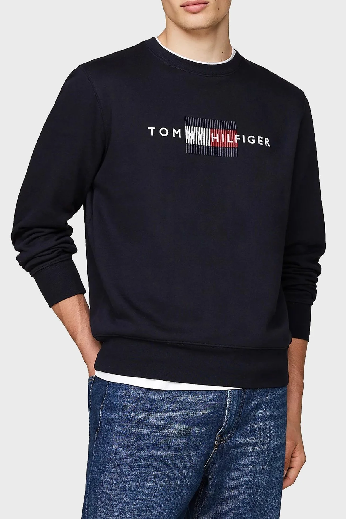 Tommy Hilfiger Pamuk Karışımlı Regular Fit Bisiklet Yaka Logolu Erkek Sweat MW0MW35541 DW5 LACİVERT - 1