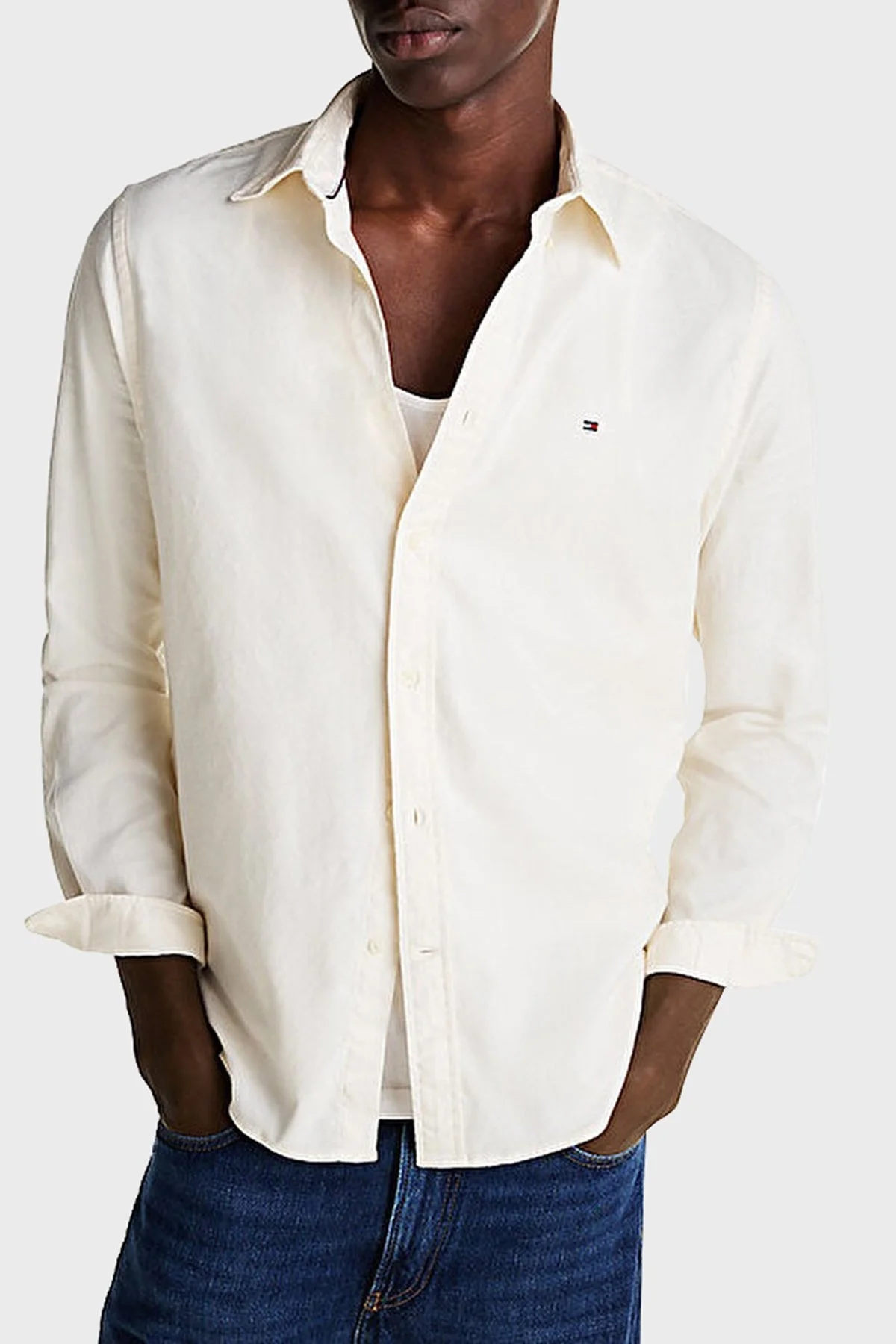 Tommy Hilfiger Pamuk Karışımlı Regular Fit Düğmeli Yaka Erkek Gömlek MW0MW36824 Z00 AÇIK BEJ - 1