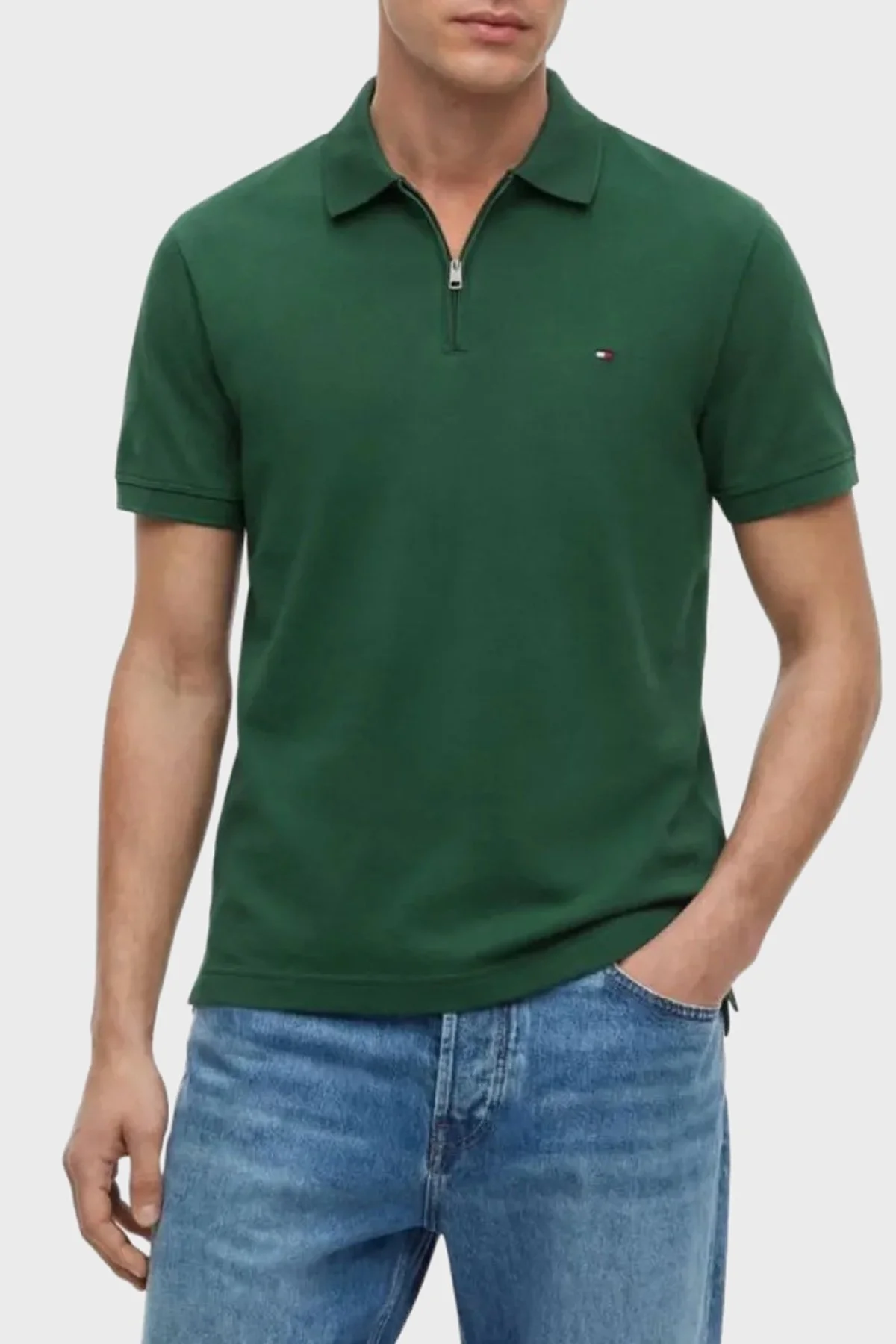 Tommy Hilfiger Pamuk Karışımlı Regular Fit Yarım Fermuarlı Erkek Polo Yaka T Shirt MW0MW43282 L2N Yeşil - 1