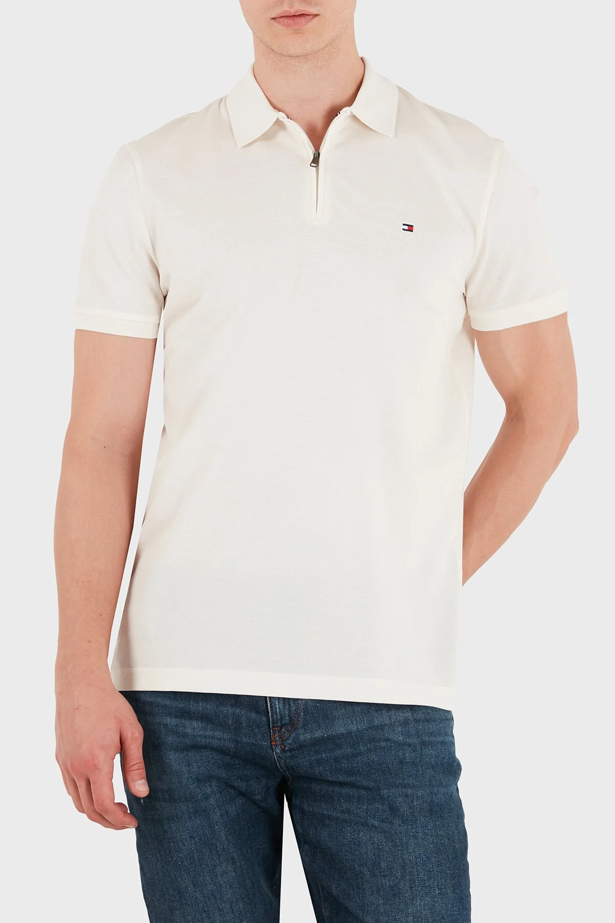 Tommy Hilfiger Pamuk Karışımlı Regular Fit Yarım Fermuarlı Erkek Polo Yaka T Shirt MW0MW43282 Z00 Açık bej - 1